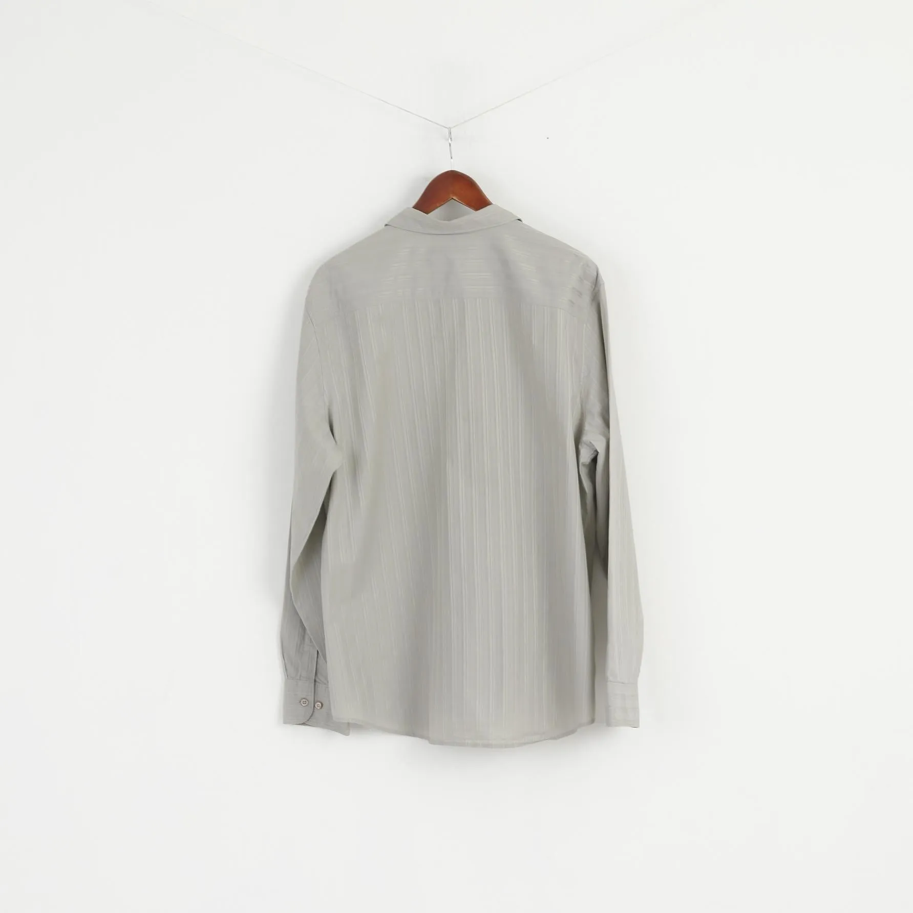 Calvin Klein Men XL Casual Shirt Grey Slim Fit Cotton Striped Emroidered Long Sleeve Top