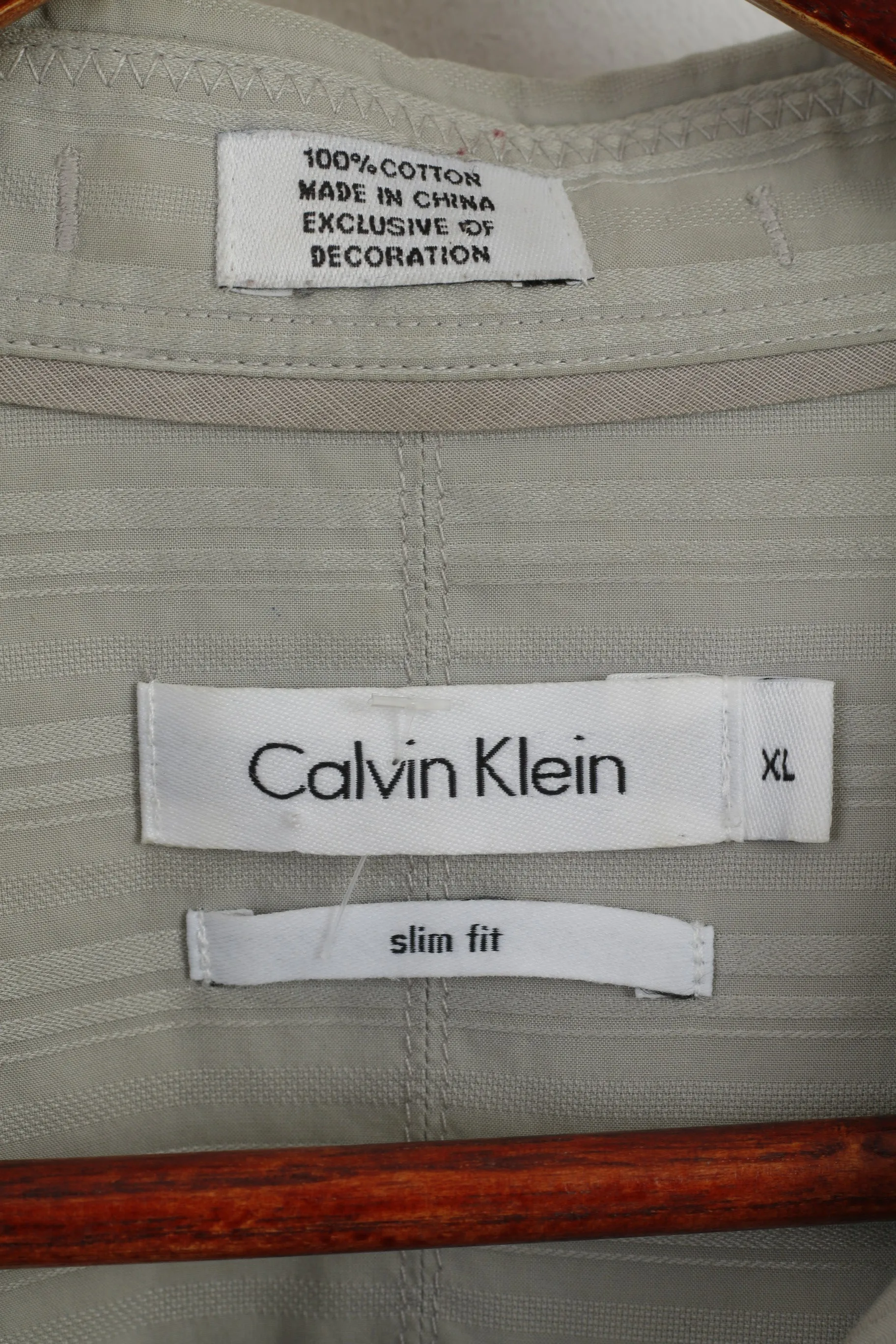 Calvin Klein Men XL Casual Shirt Grey Slim Fit Cotton Striped Emroidered Long Sleeve Top
