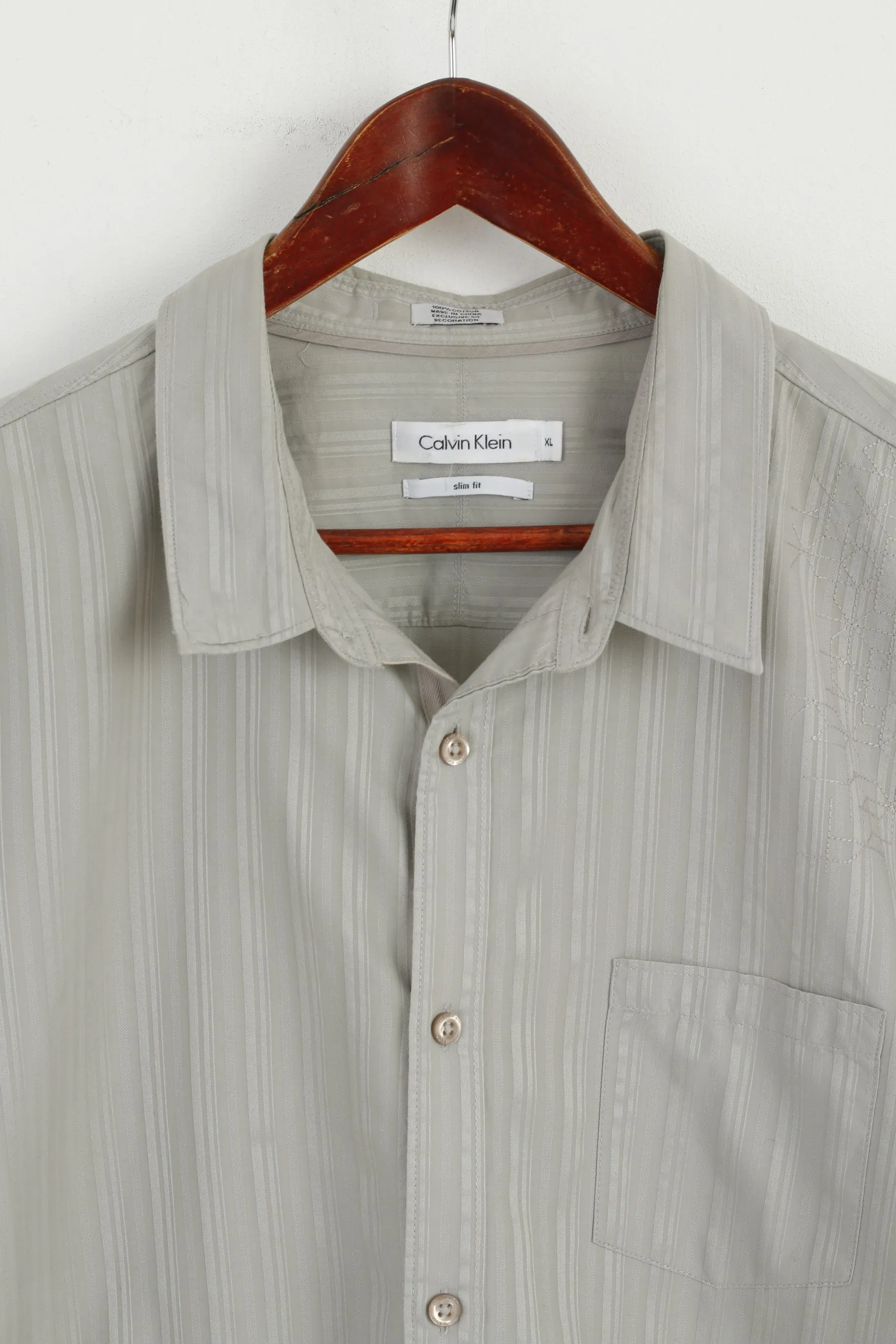 Calvin Klein Men XL Casual Shirt Grey Slim Fit Cotton Striped Emroidered Long Sleeve Top