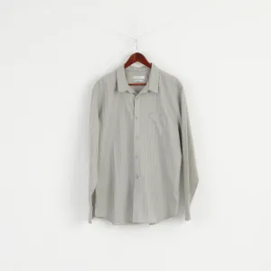 Calvin Klein Men XL Casual Shirt Grey Slim Fit Cotton Striped Emroidered Long Sleeve Top