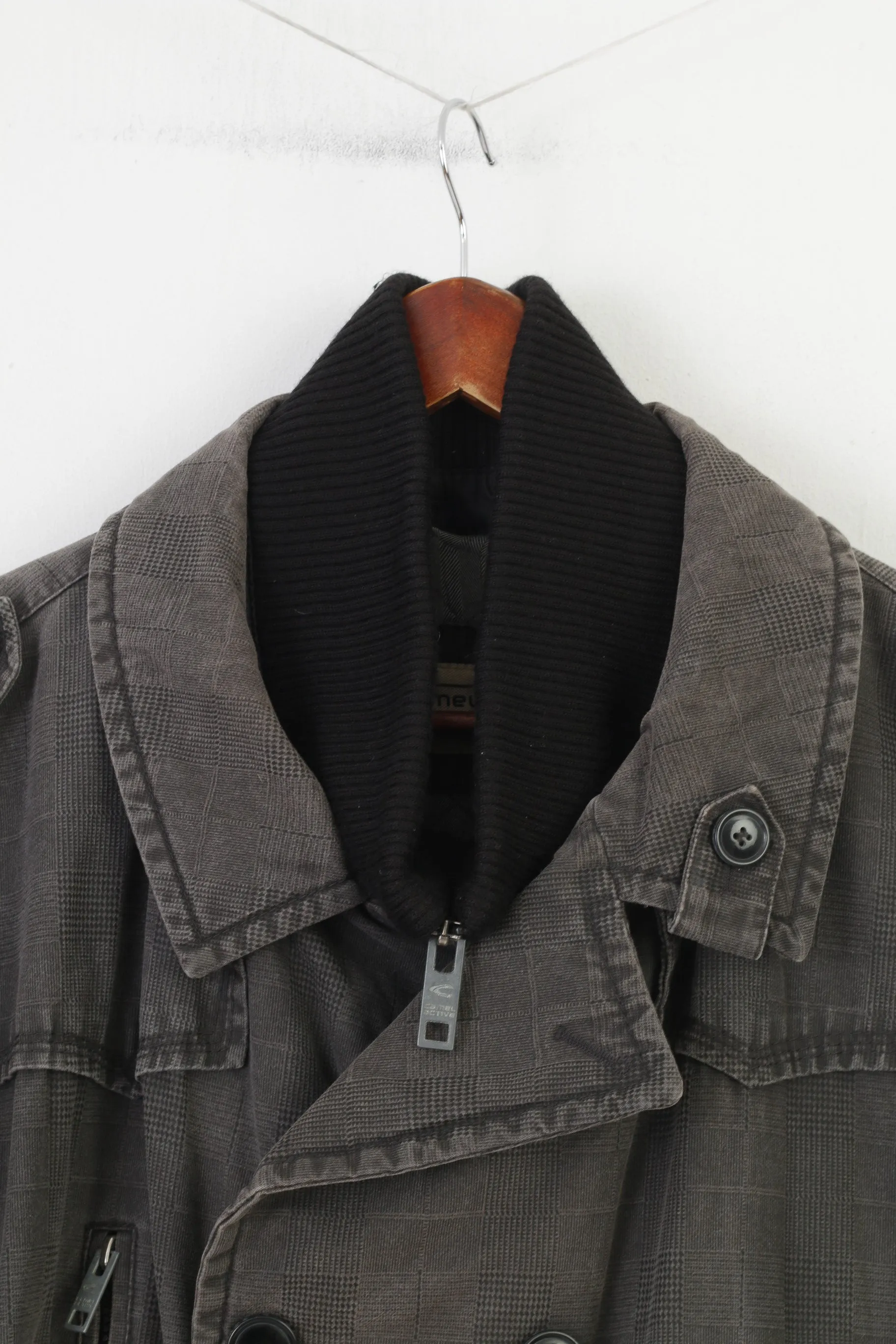 Camel Active Men 64 XXXL Jacket Grey Cotton Checkered Padded Full Zipper Vintage Top