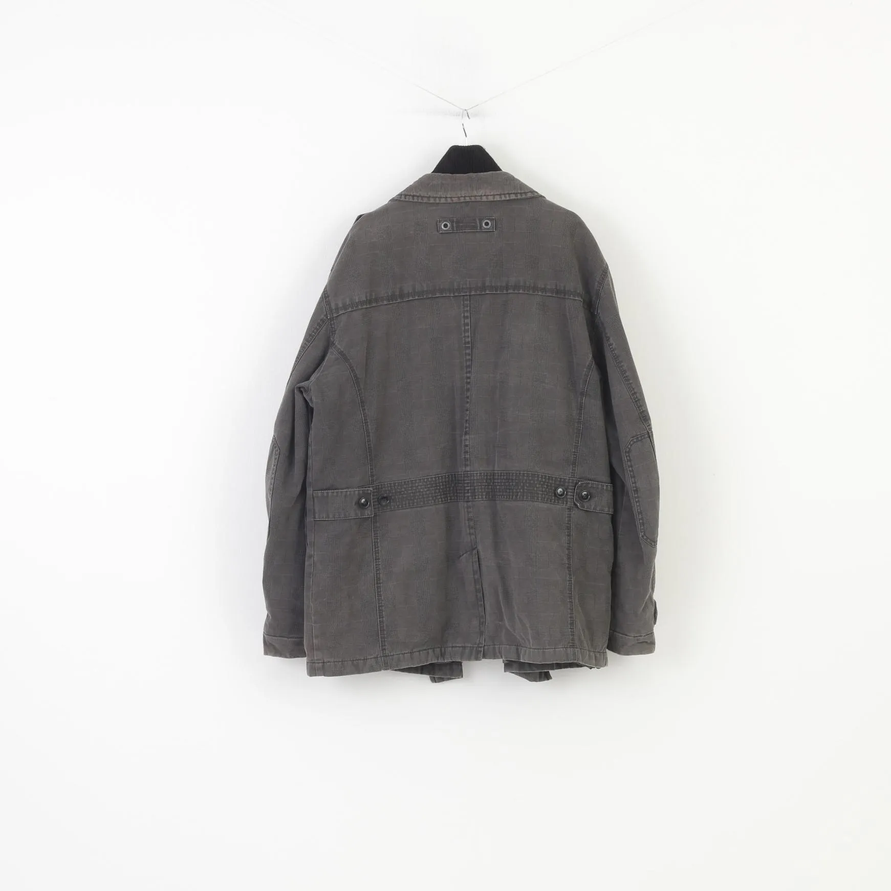 Camel Active Men 64 XXXL Jacket Grey Cotton Checkered Padded Full Zipper Vintage Top