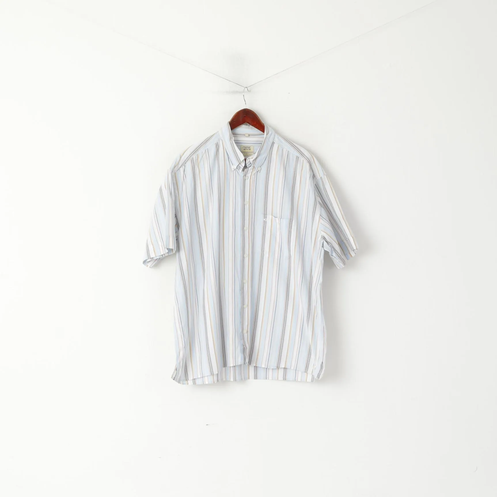 Camel Active Men XL Casual Shirt Blue Striped Cotton Exclusive Design Short Sleeve Top