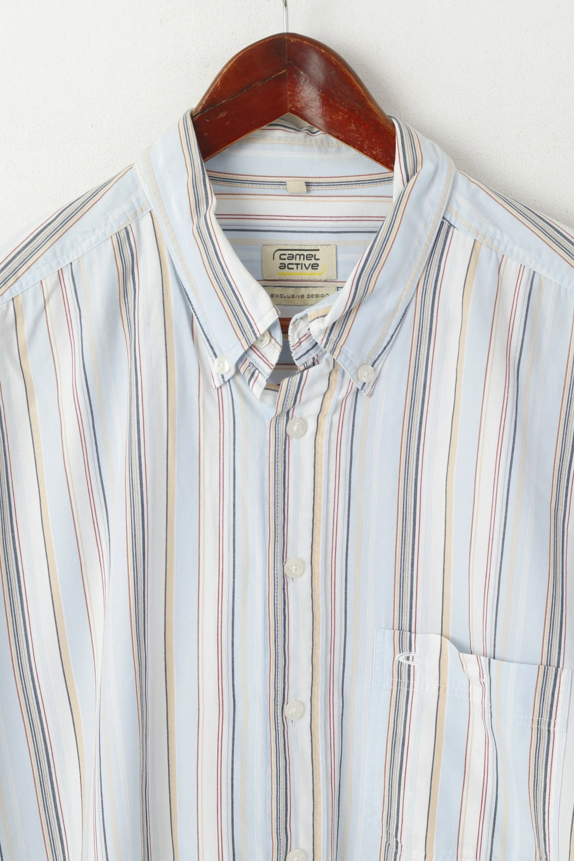 Camel Active Men XL Casual Shirt Blue Striped Cotton Exclusive Design Short Sleeve Top