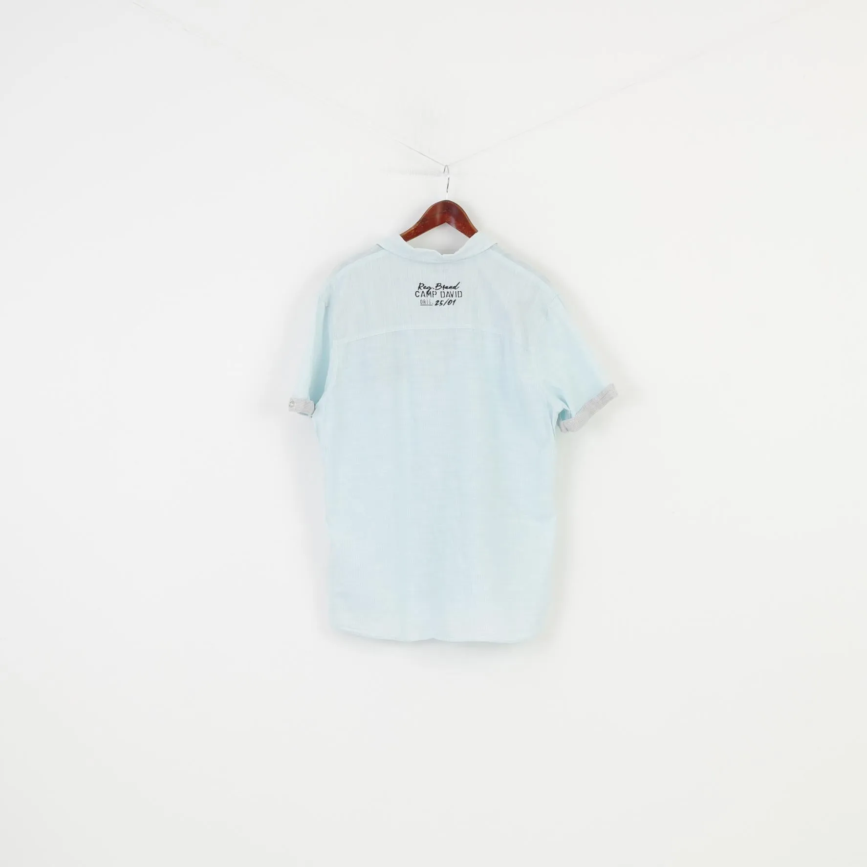 Camp David Men L Casual Shirt Regular Fit Blue Quality Garments Short Sleeve Cotton Striped Top