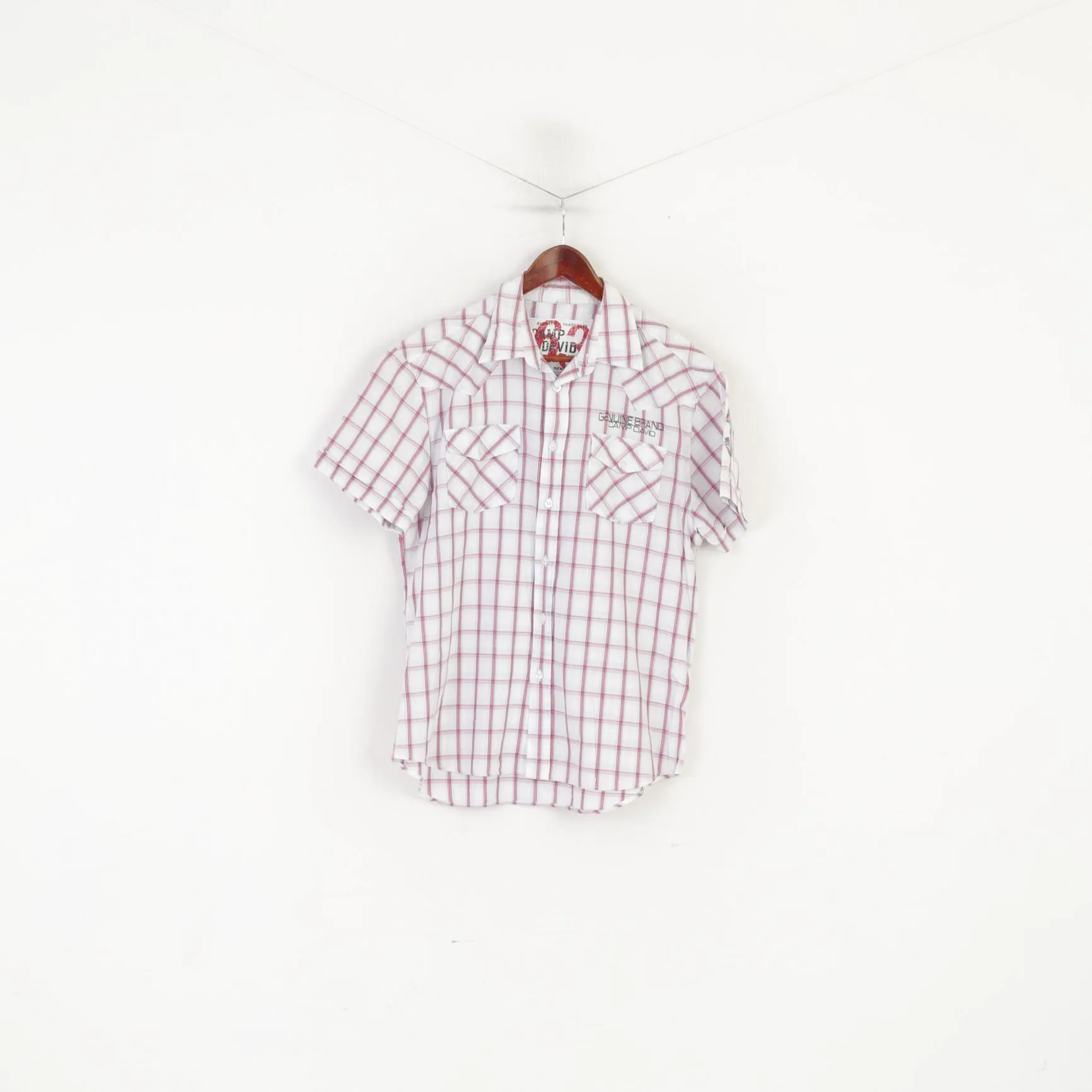 Camp David Men L (M) Casual Shirt Blue Check Vintage Cotton Short SleeveTop