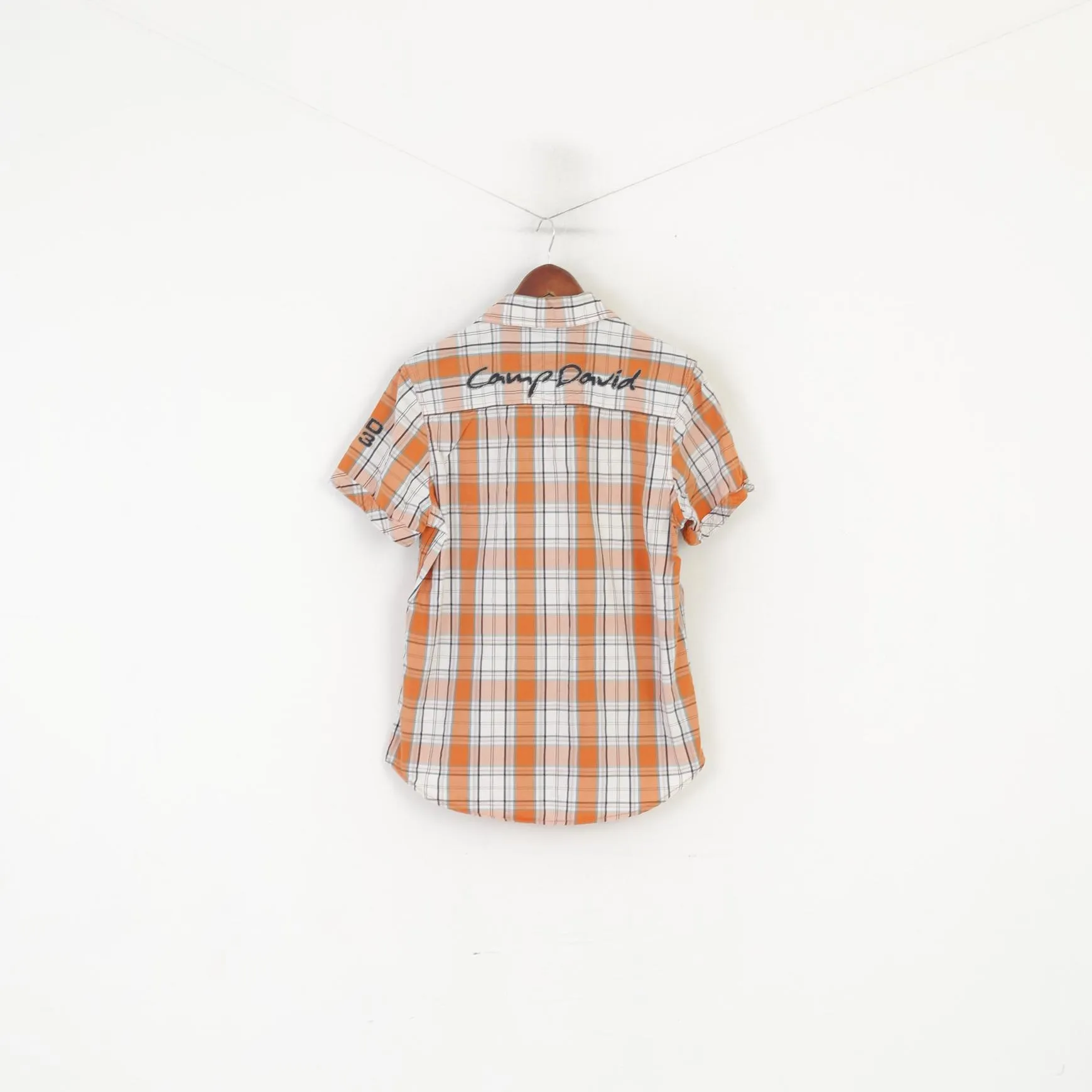 Camp David Men S Casual Shirt Orange Check Cotton Outdoor Wear Pockets Top