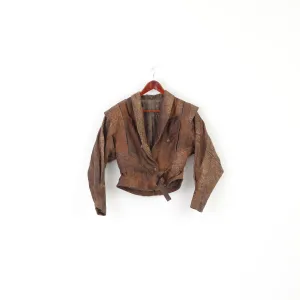 C&A Women 38 S Leather Jacket Brown Vintage 90s Leder Cropped Biker Top