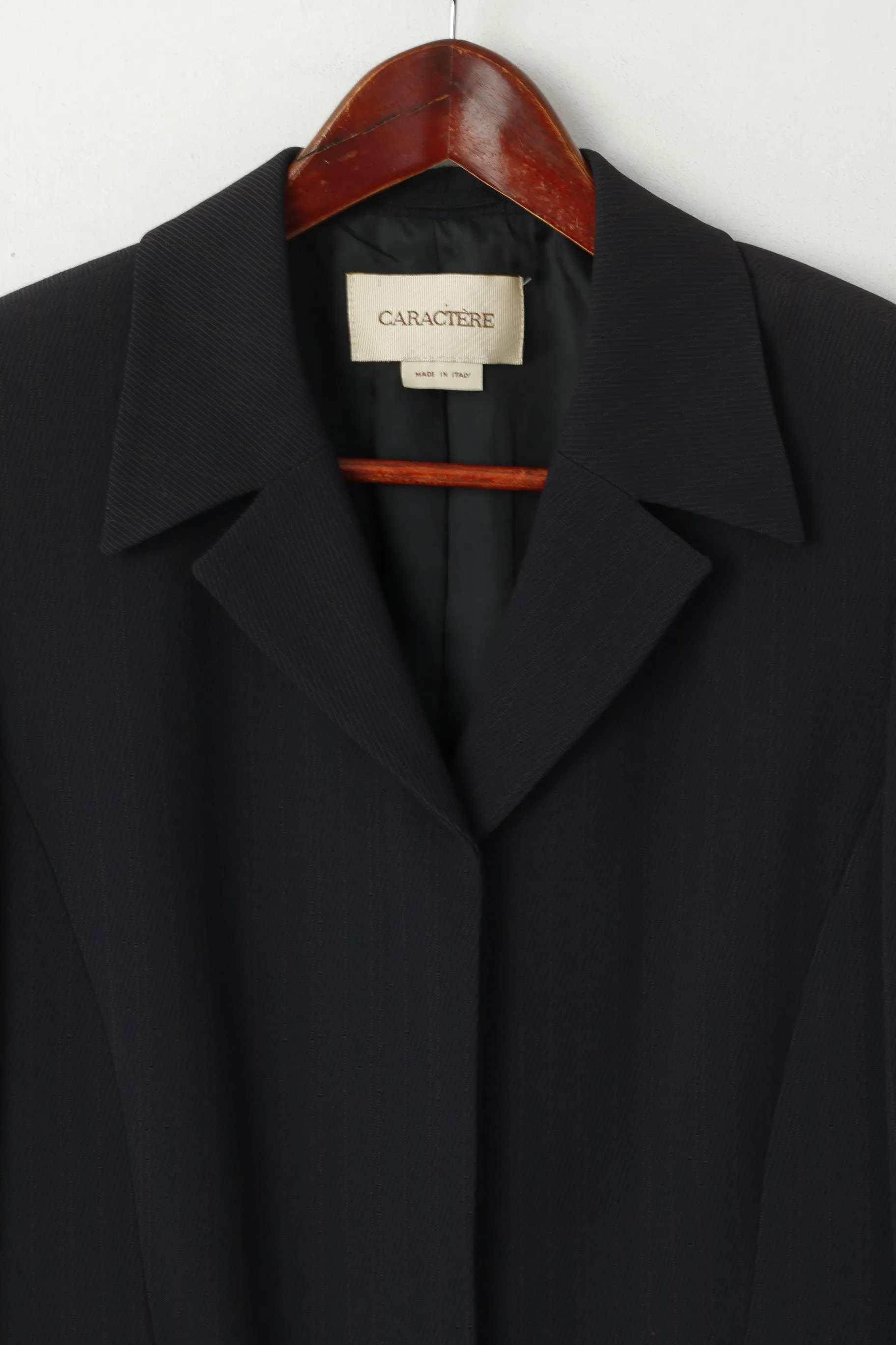 CARACTERE Women 12 38 Long Blazer Navy Striped Vintage Made in Italy Shoulder Pads Jacket