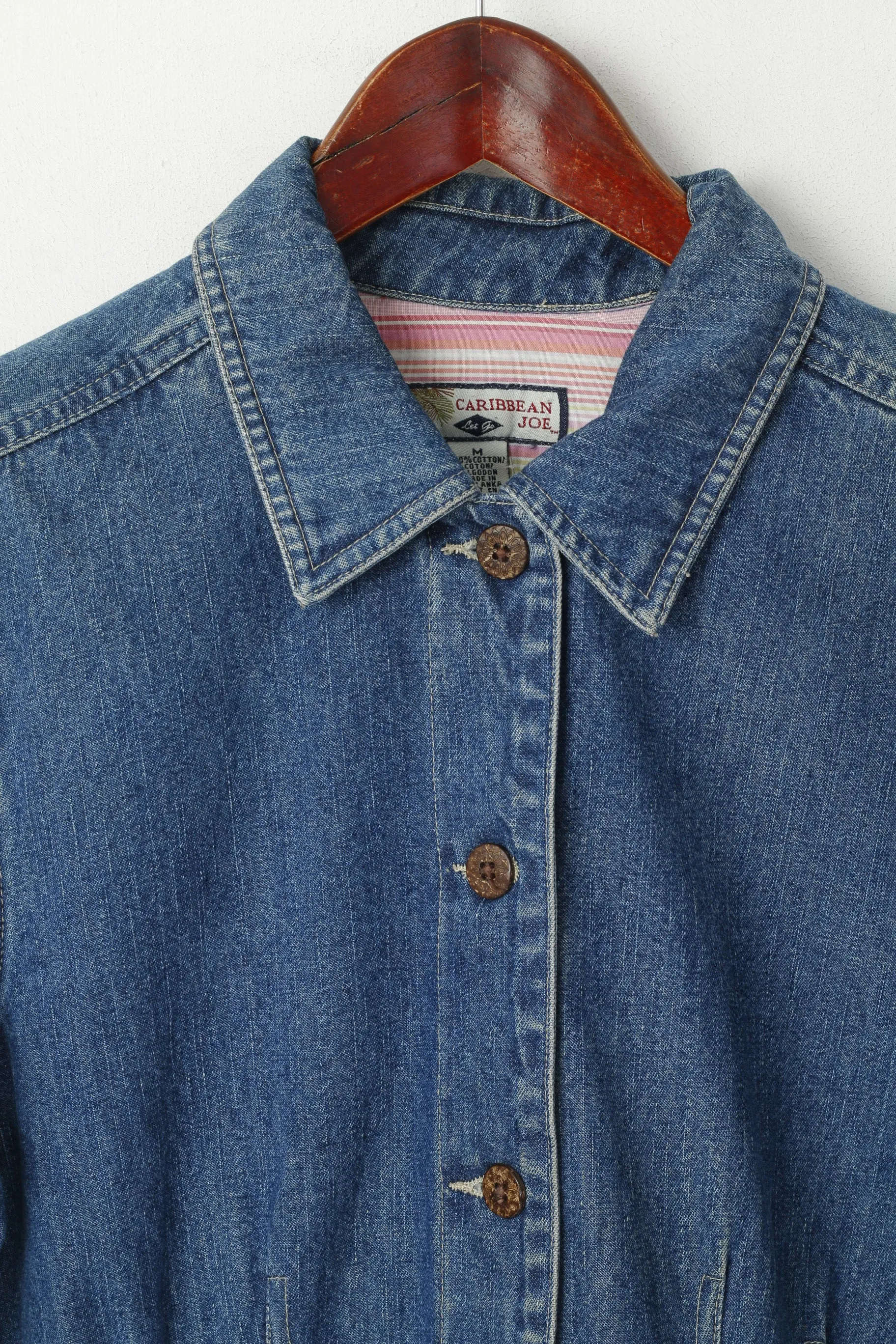 Caribbean Joe Women M Denim Jacket Blue Cotton Pocket Buttons Front Jeans Top