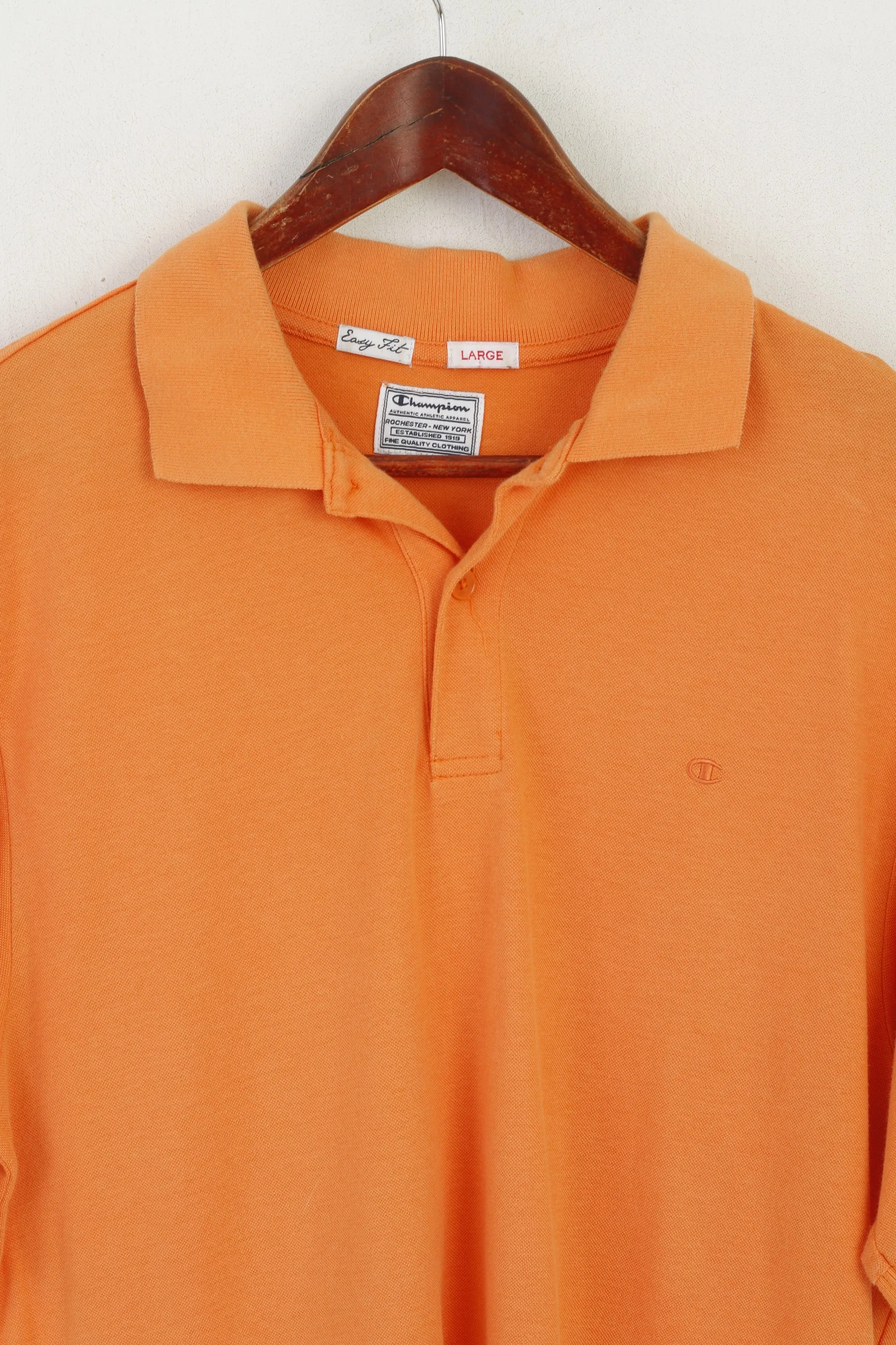 Champion Men L Polo Shirt Orange Cotton Easy Fit Vintage Plain Classic Summer Top