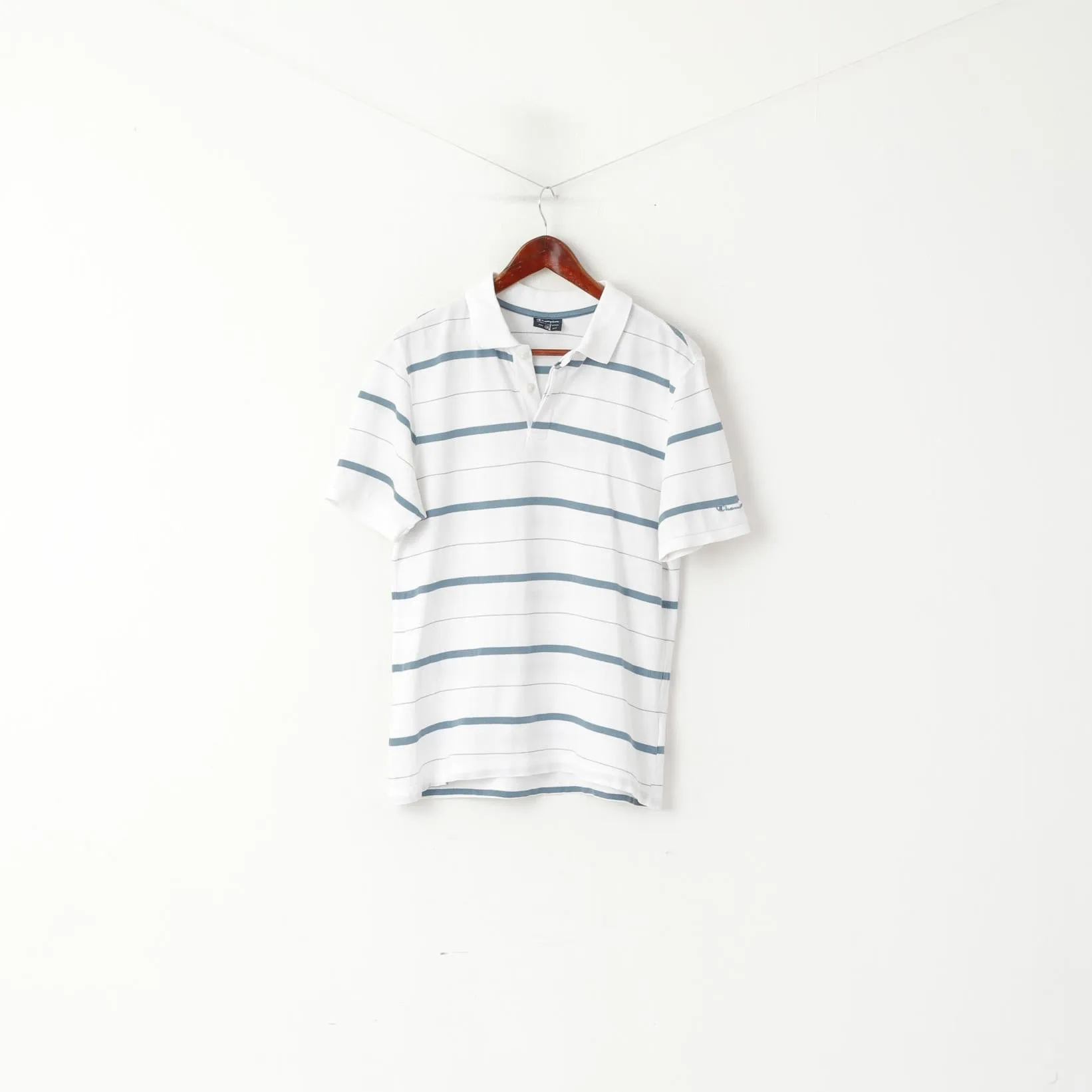 Champion Men M Polo Shirt White Cotton Striped Short Sleeve Sport Top