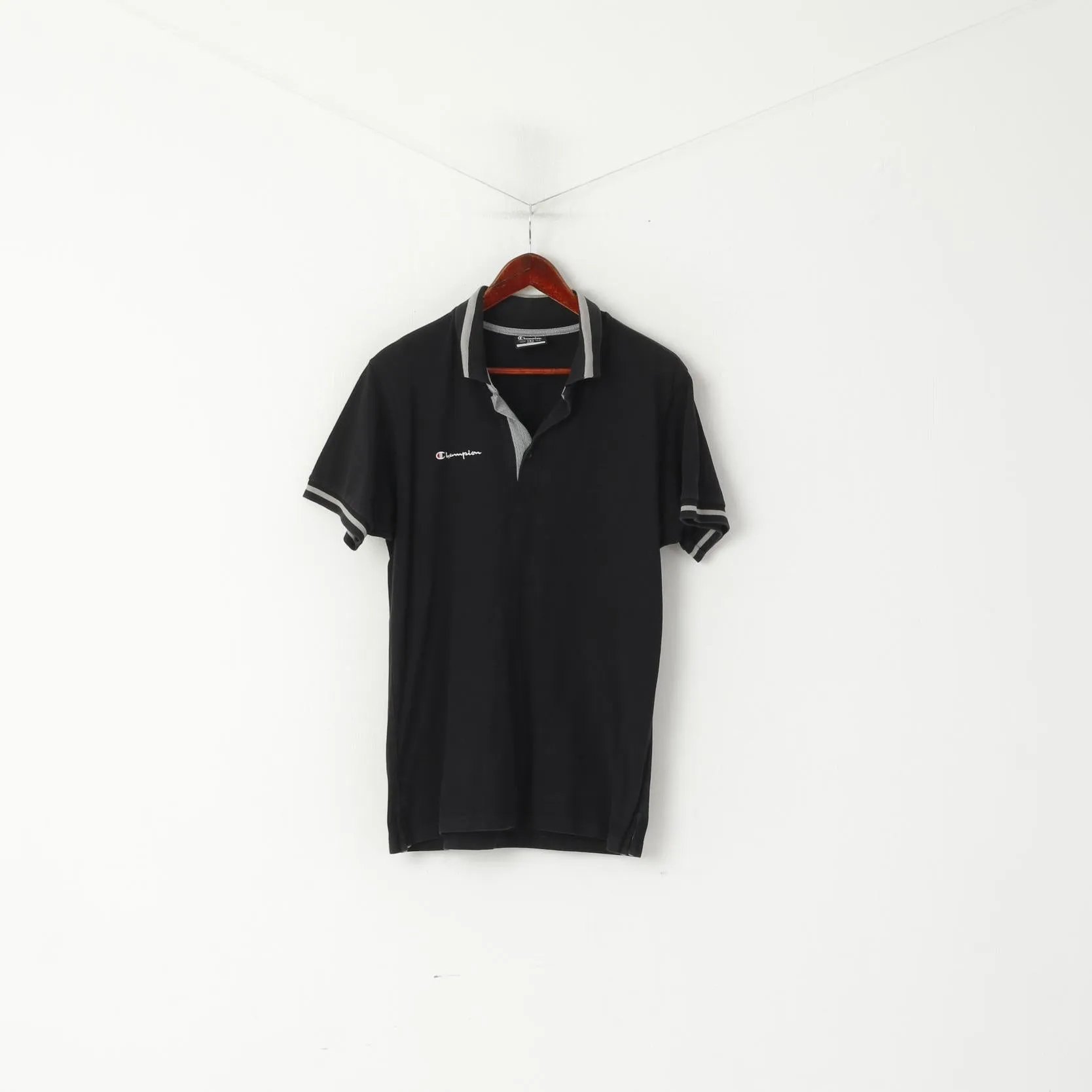 Champion Men S Polo Shirt Black Cotton Collared  Short Sleeve Sport Top