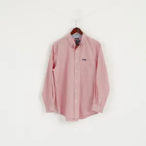 CHAPS Men M Casual Shirt Red Striped Cotton Long Sleeve Easy Care Pocket Classic Top