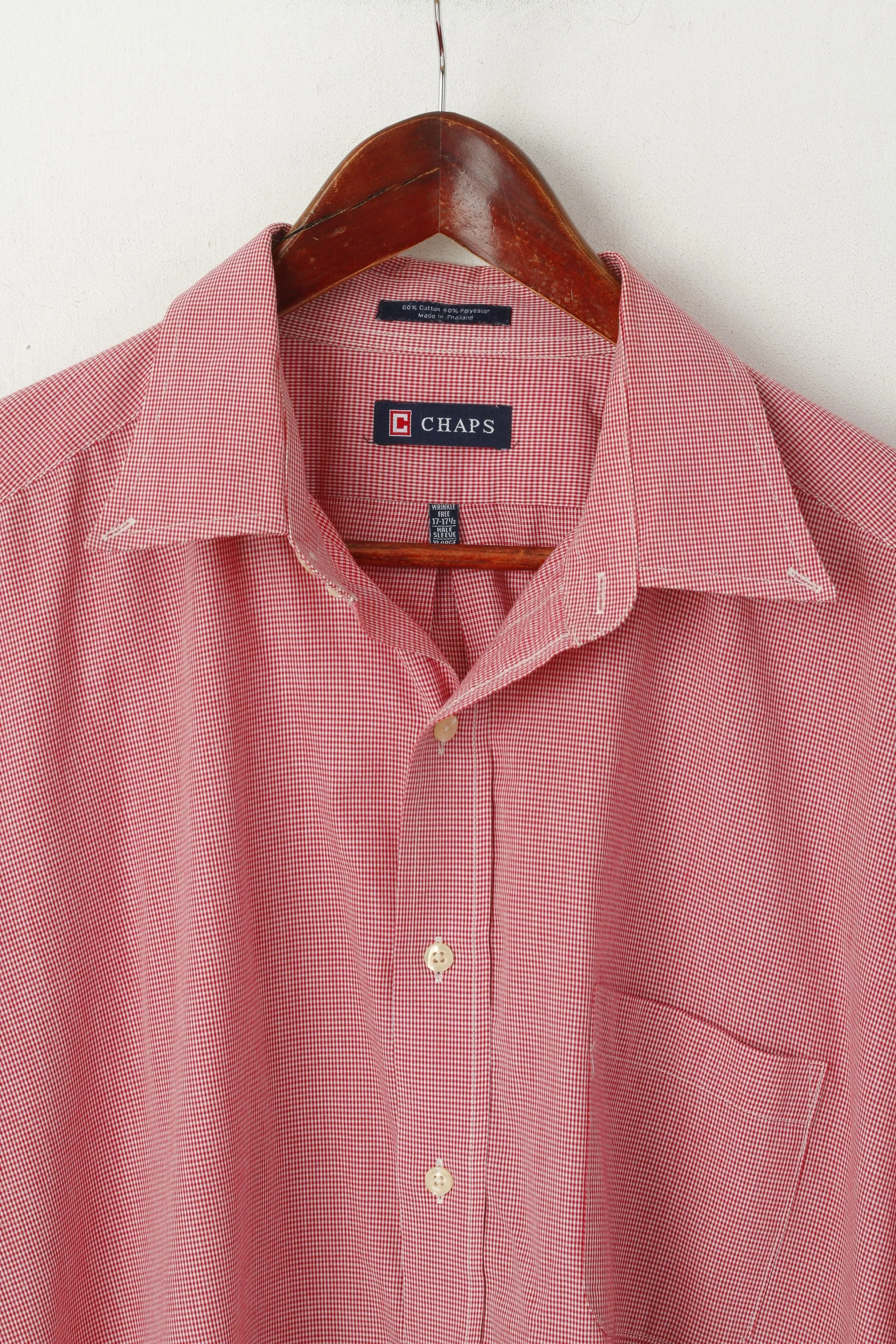 Chaps Men XL Casual Shirt Red Mini Check Cotton Buttons Down Collar Short Sleeve Top