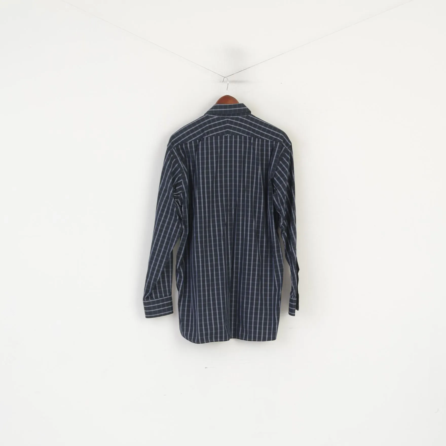 Charles Tyrwhitt Men L Casual Shirt Navy Cotton Checkered Button Down Collar Top