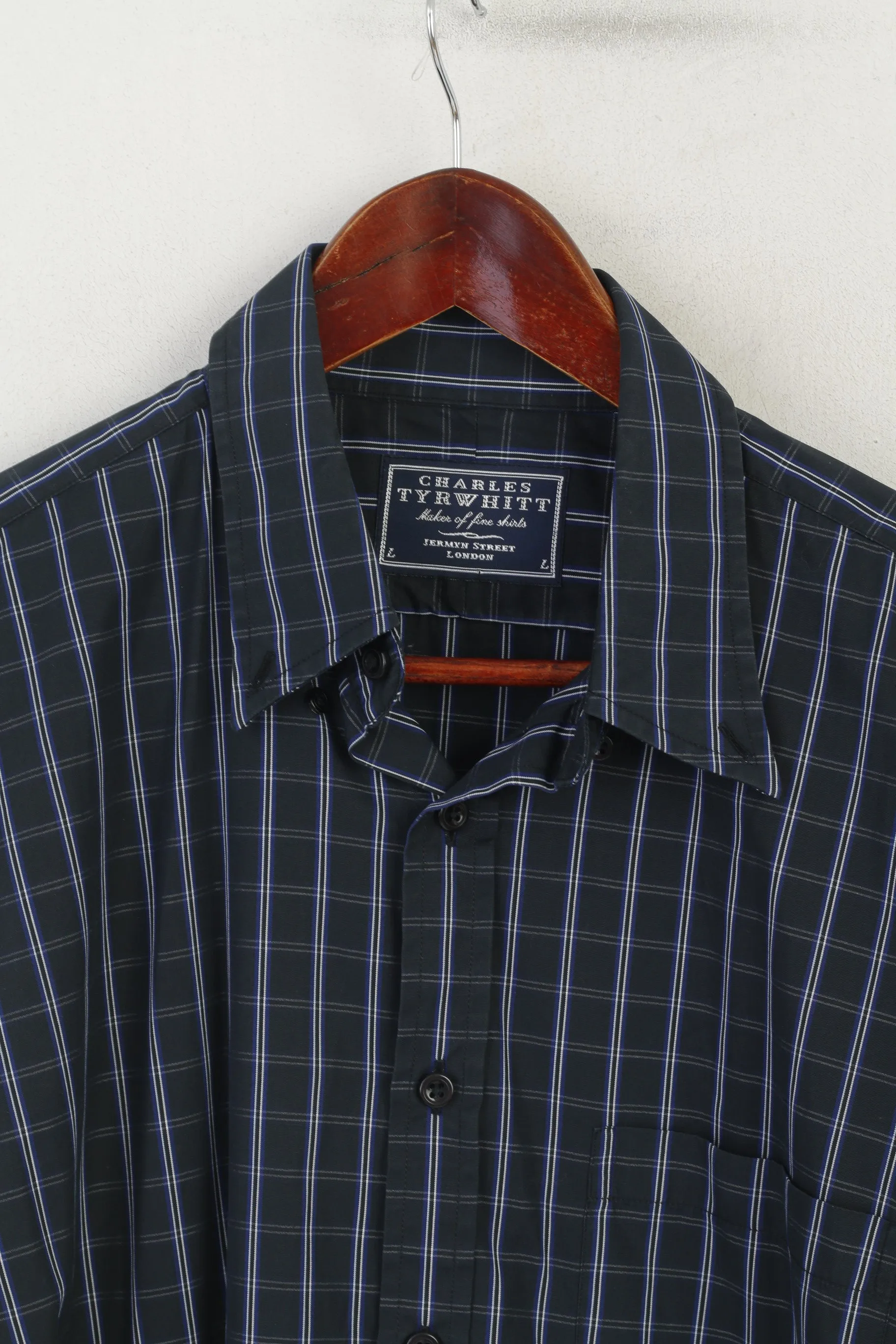 Charles Tyrwhitt Men L Casual Shirt Navy Cotton Checkered Button Down Collar Top
