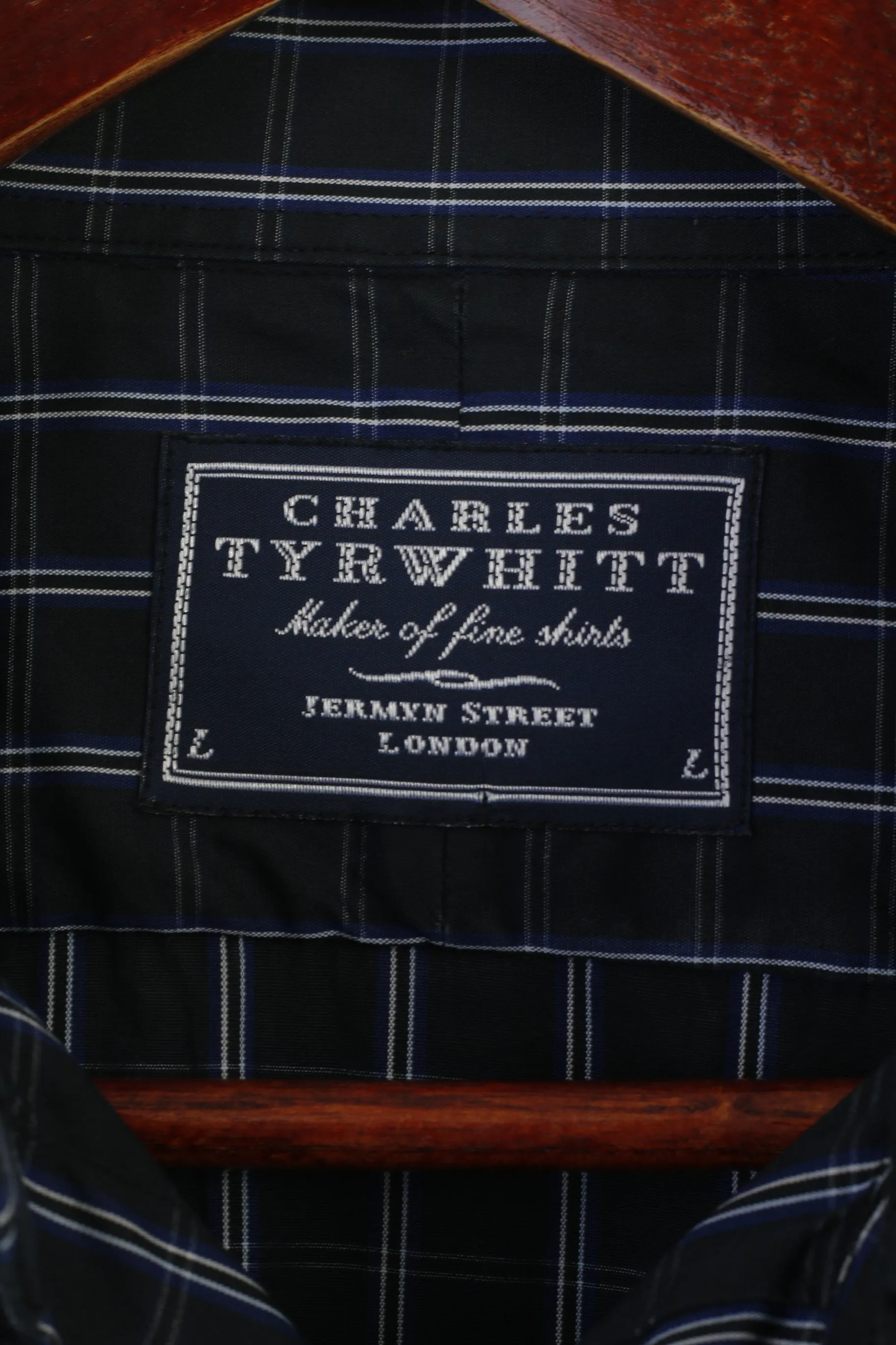 Charles Tyrwhitt Men L Casual Shirt Navy Cotton Checkered Button Down Collar Top