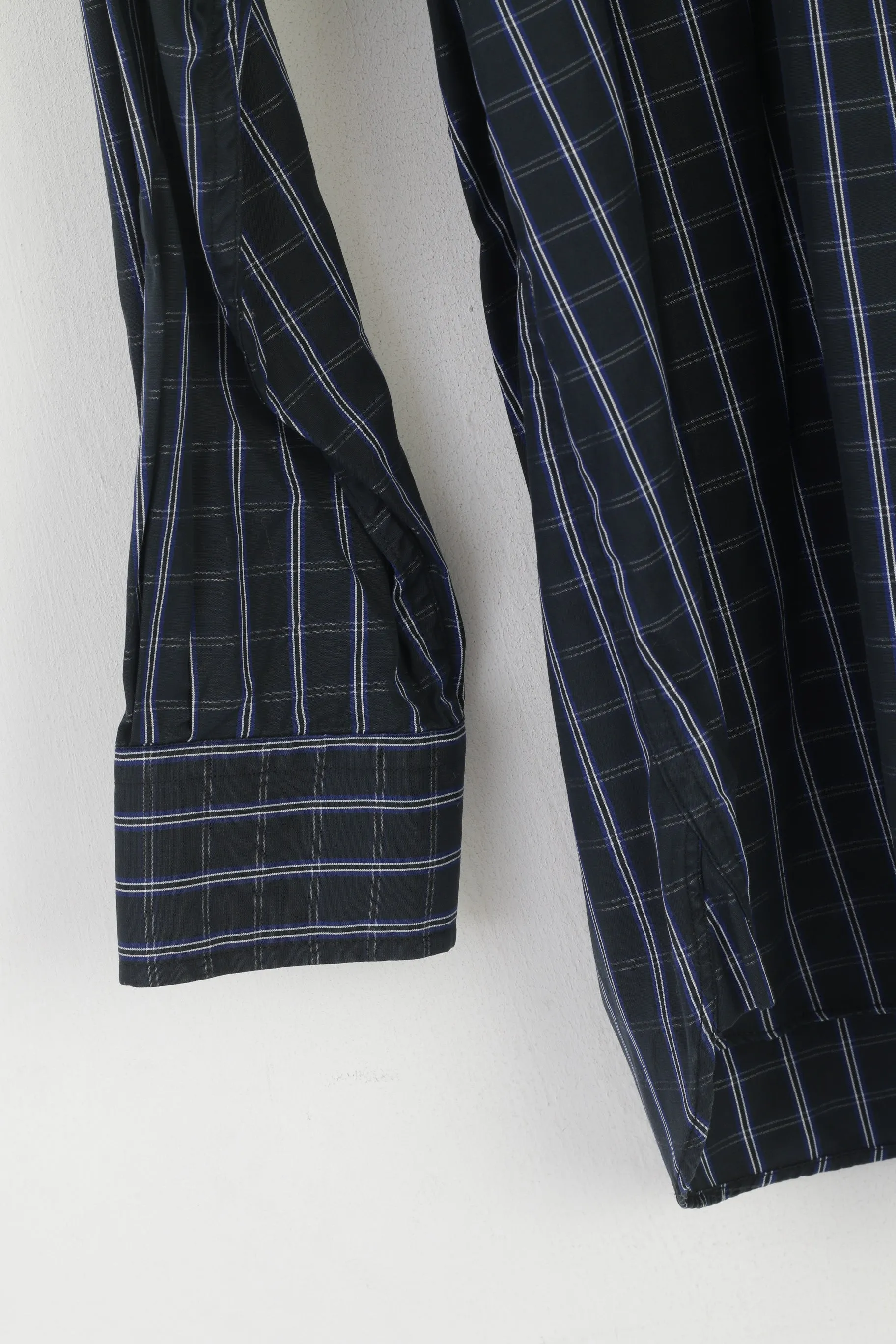 Charles Tyrwhitt Men L Casual Shirt Navy Cotton Checkered Button Down Collar Top