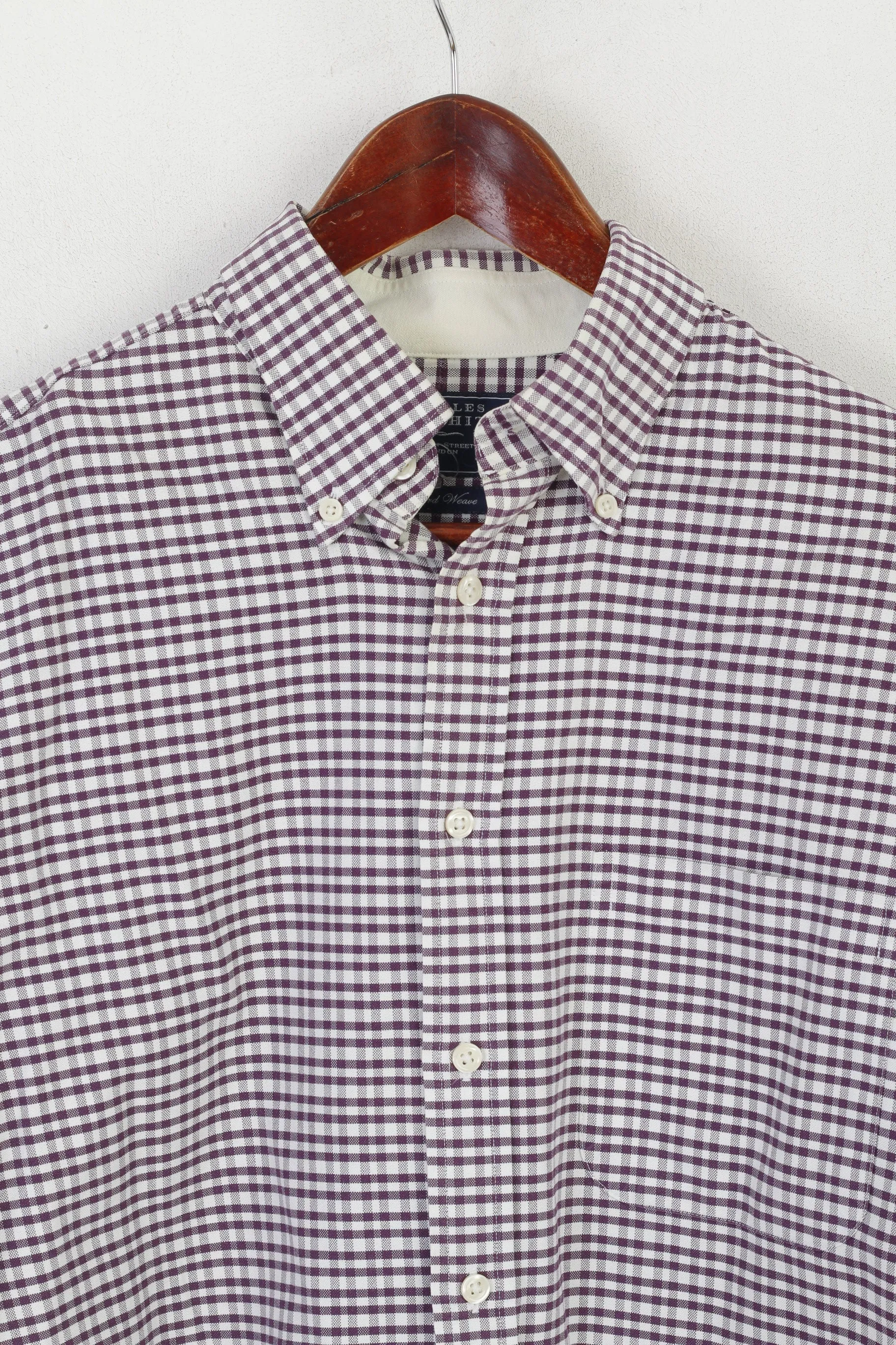 Charles Tyrwhitt Men M Casual Shirt Puple Check Cotton Long Sleeve Retro Top