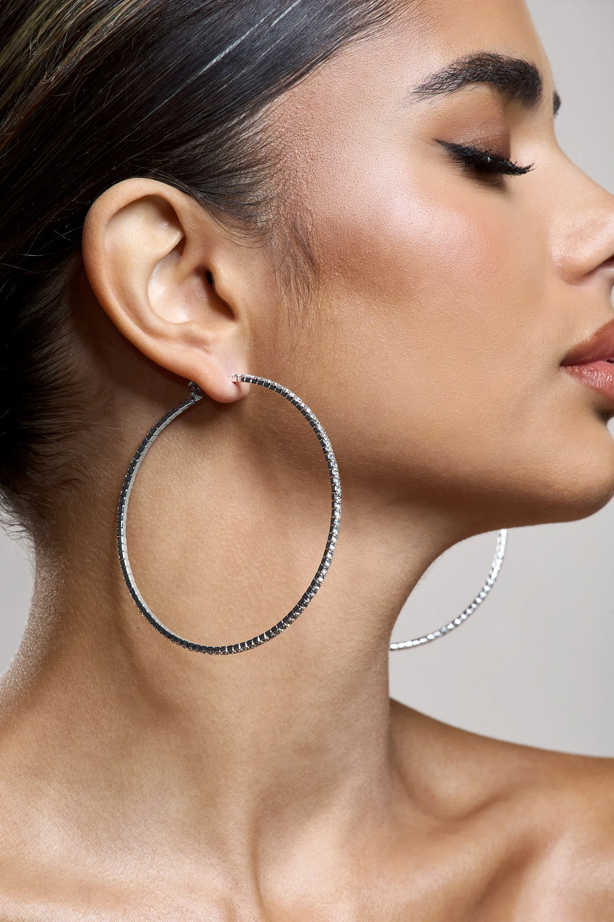 Chessie | Silver Diamante Hoop Earrings Club L London