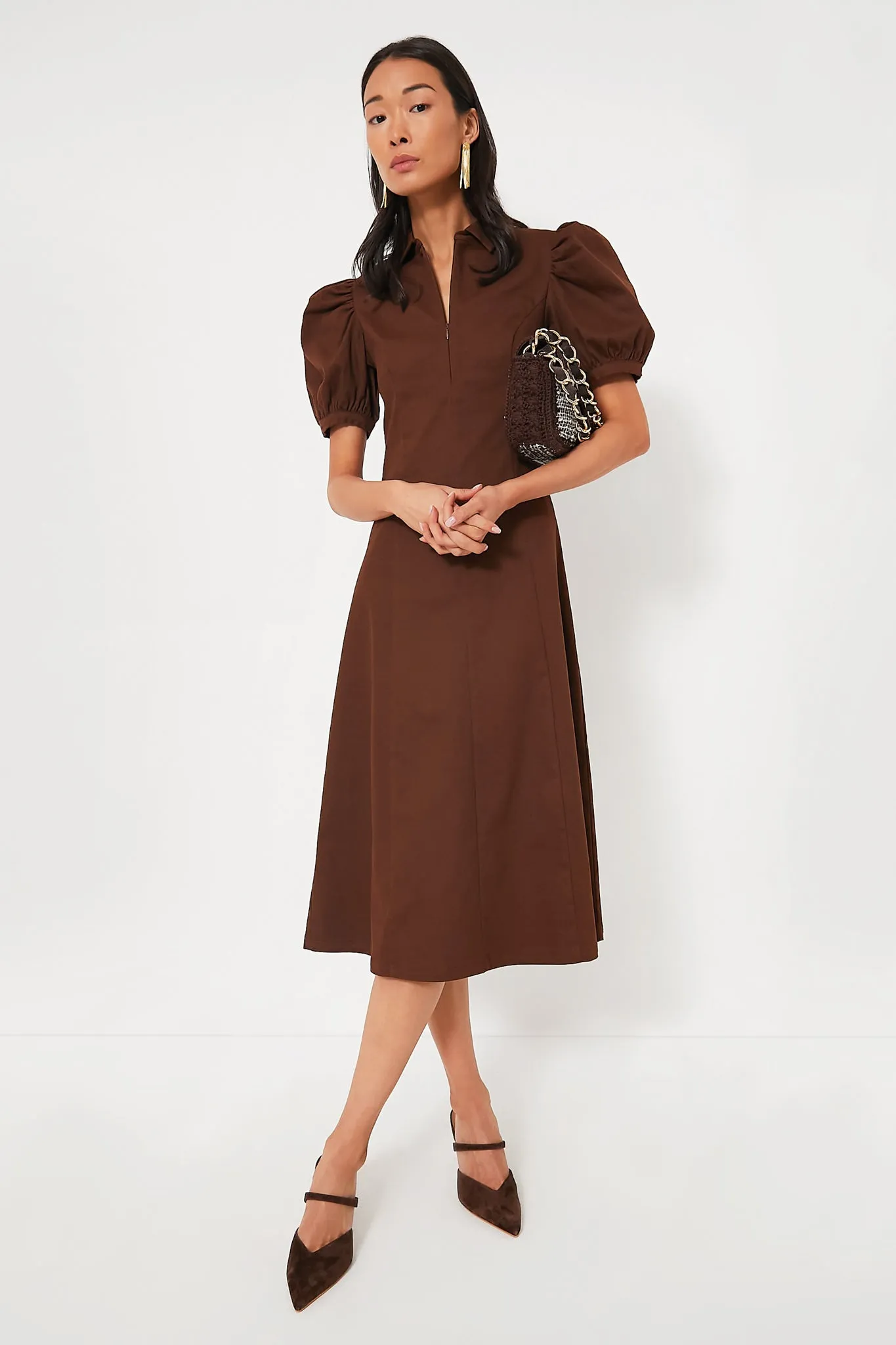 Chocolate Front Zip Denim Midi Dress