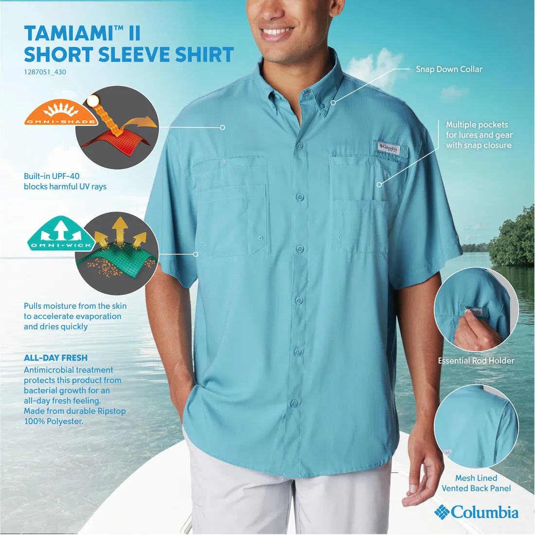 Columbia Men Blue Omni-Wick Tamiami II Short Sleeve Shirt