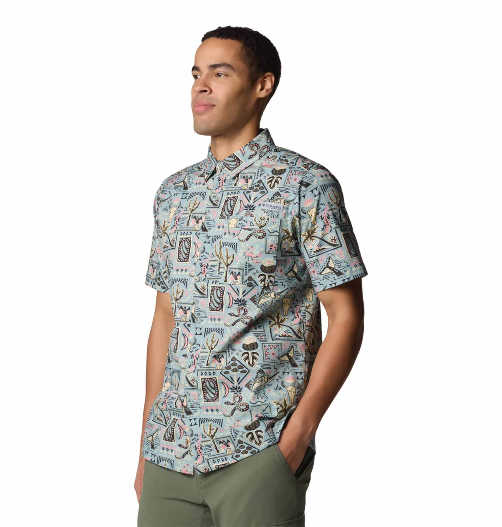 Columbia Men Blue Wild Cast Camp Short Sleeve Shirt