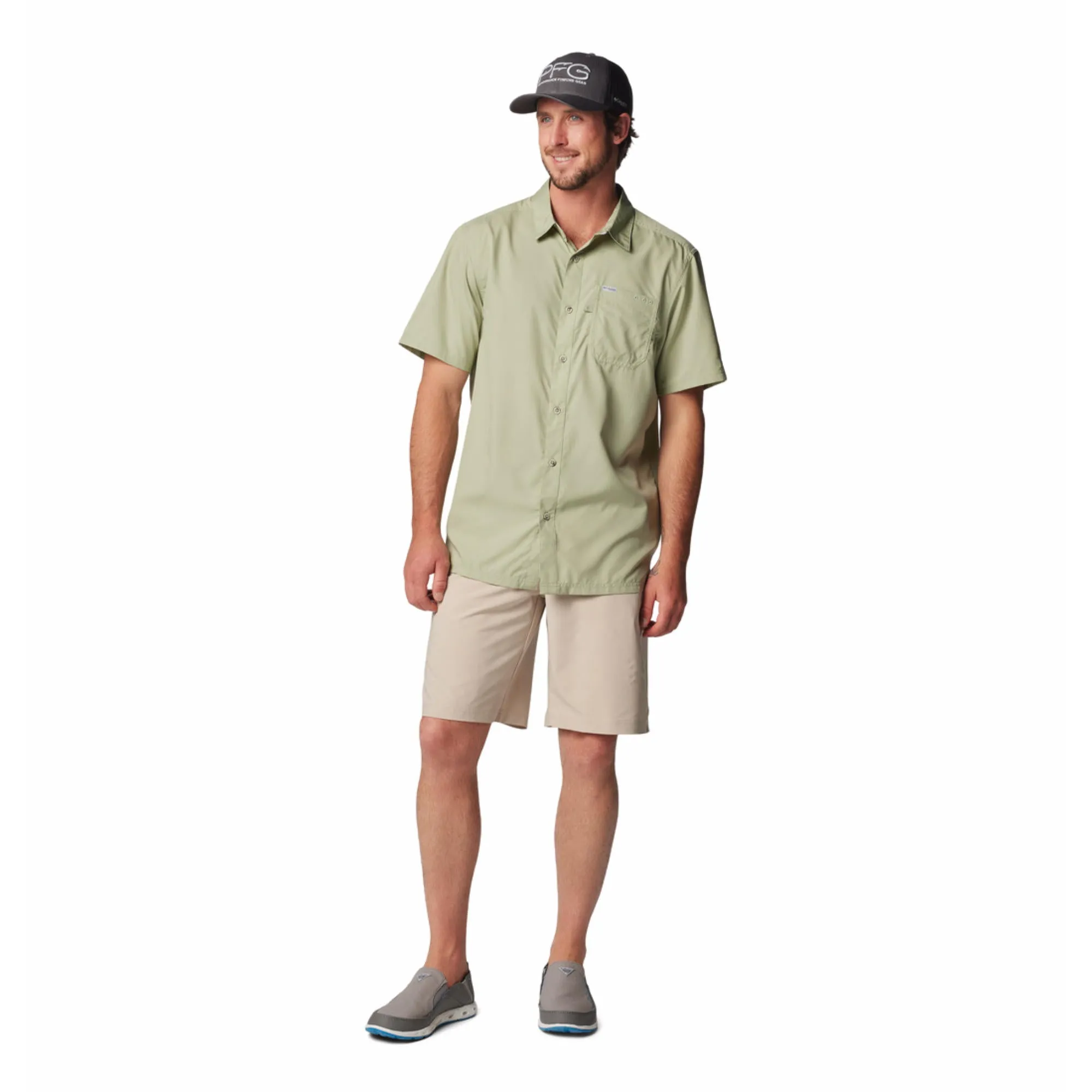 Columbia Men Green Omni-Shade Slack Tide Camp Short Sleeve Shirt