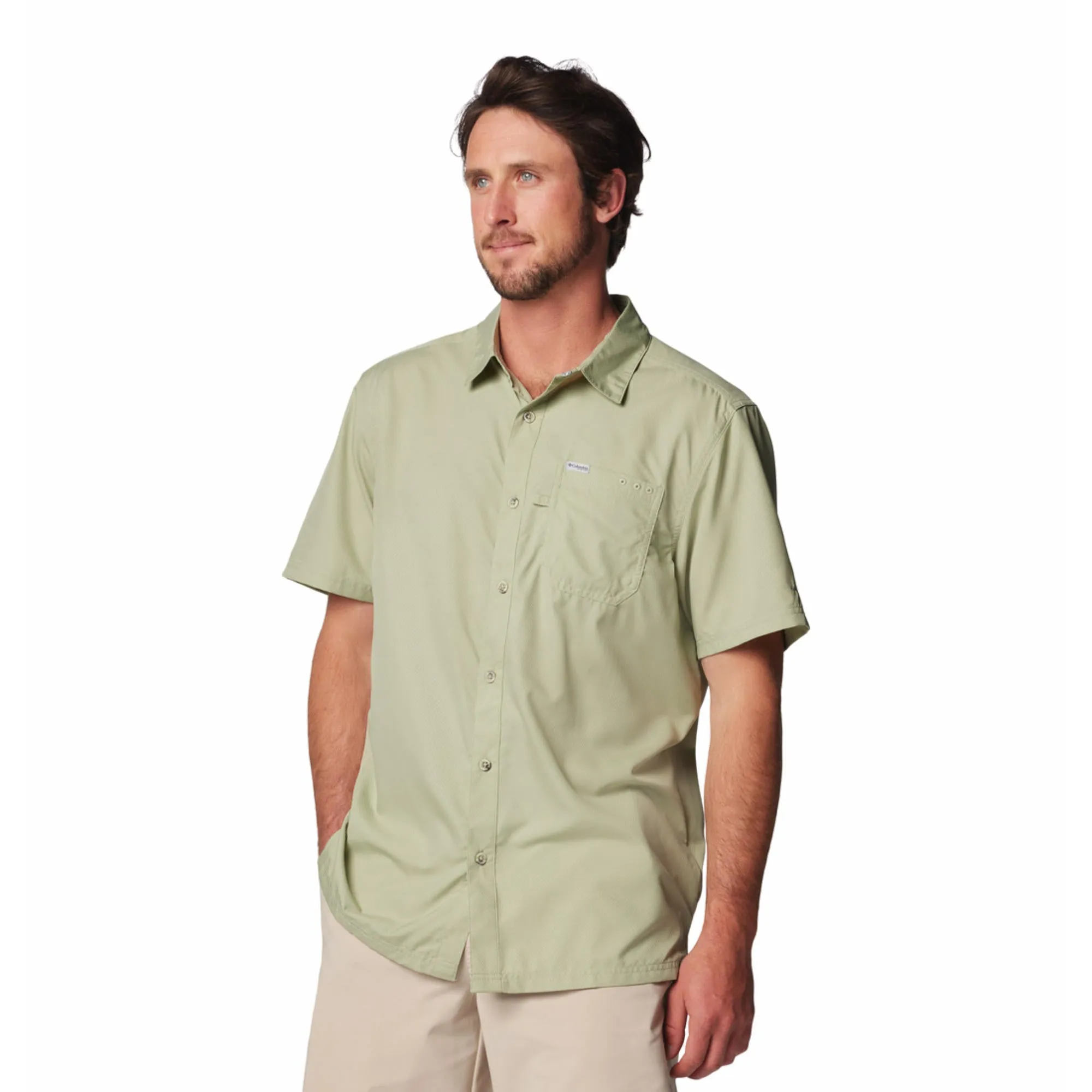 Columbia Men Green Omni-Shade Slack Tide Camp Short Sleeve Shirt