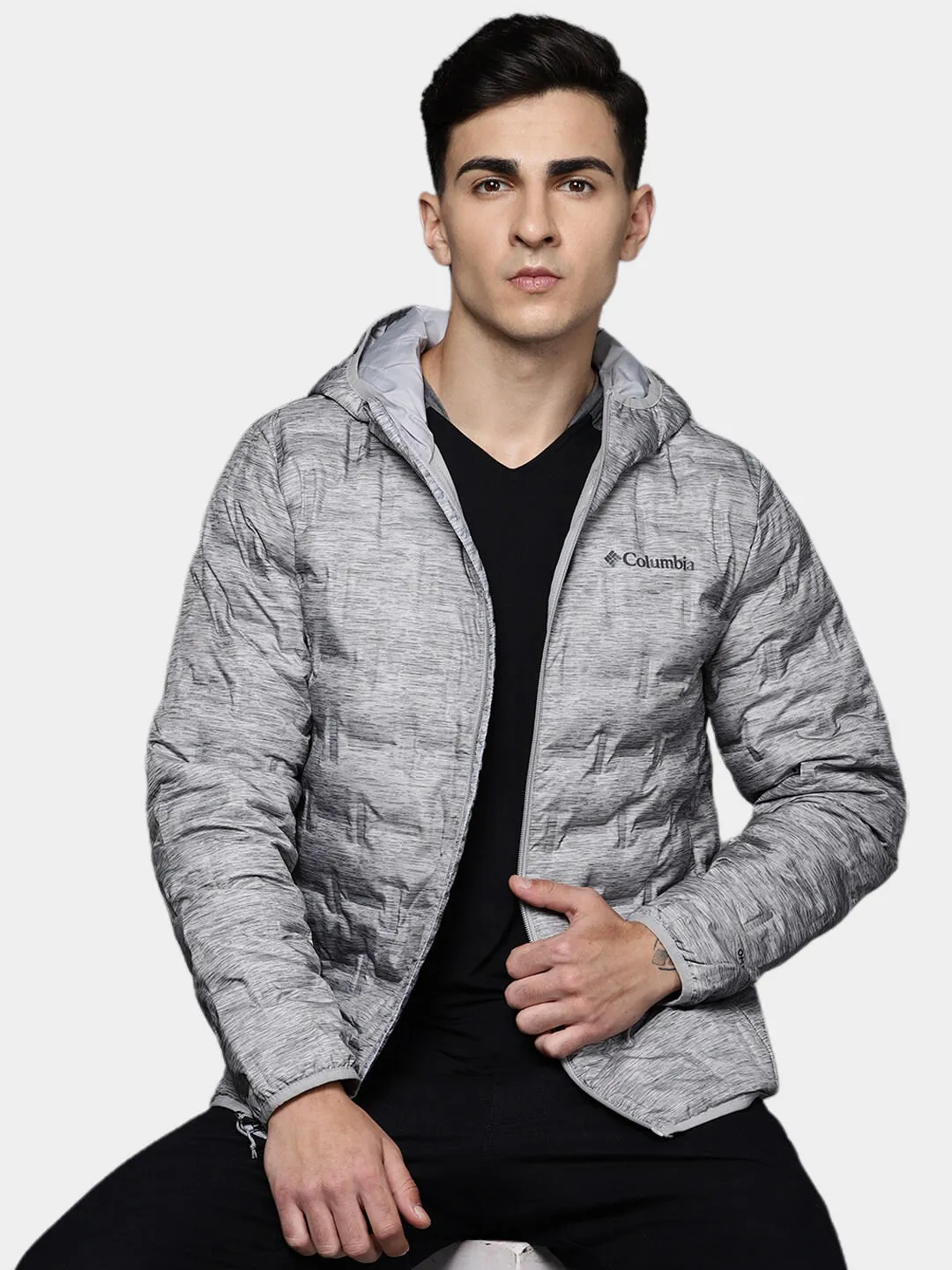 Columbia Men Grey Omni-Heat Reflective Delta Ridge Hooded Down Jacket
