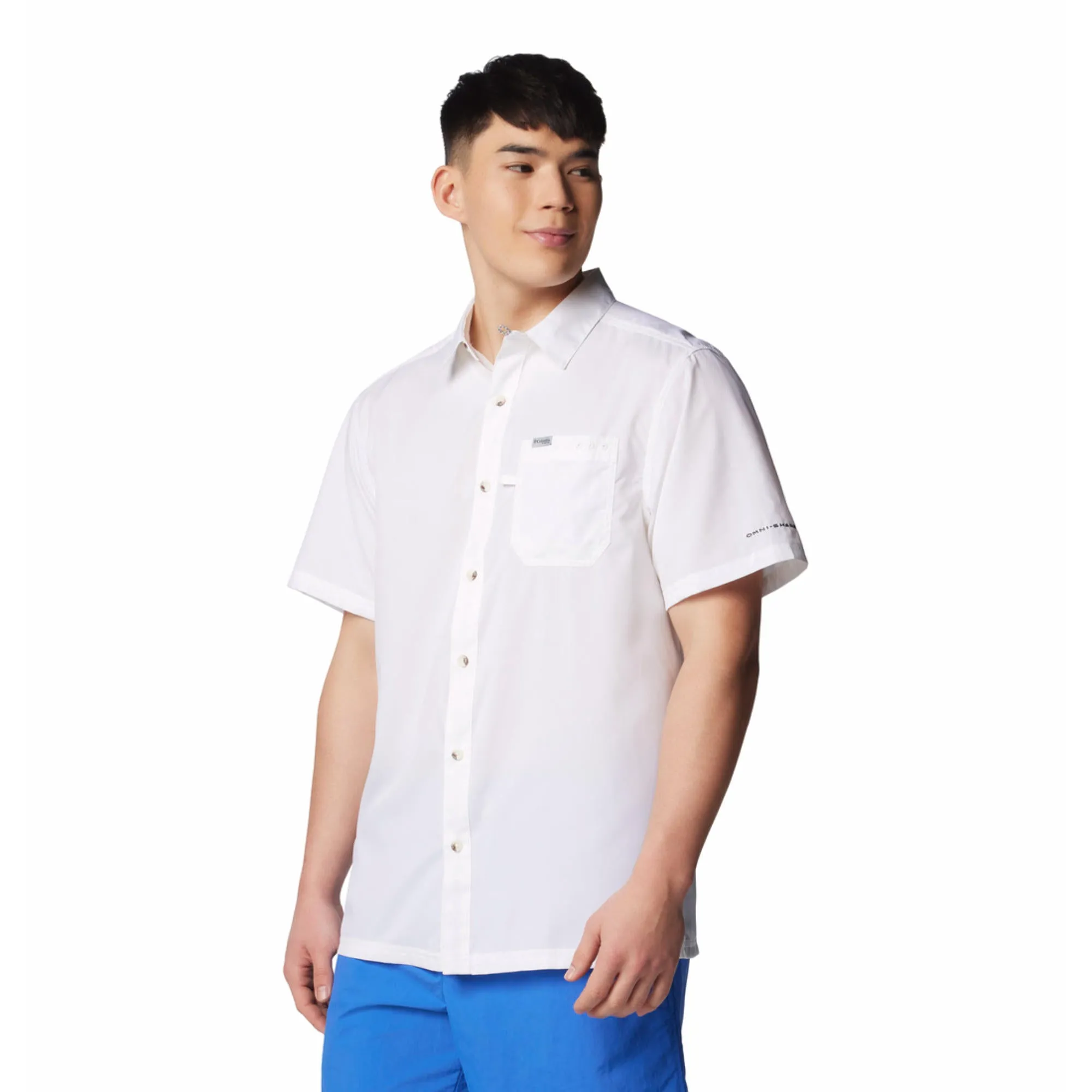 Columbia Men White Omni-Shade Slack Tide Camp Short Sleeve Shirt