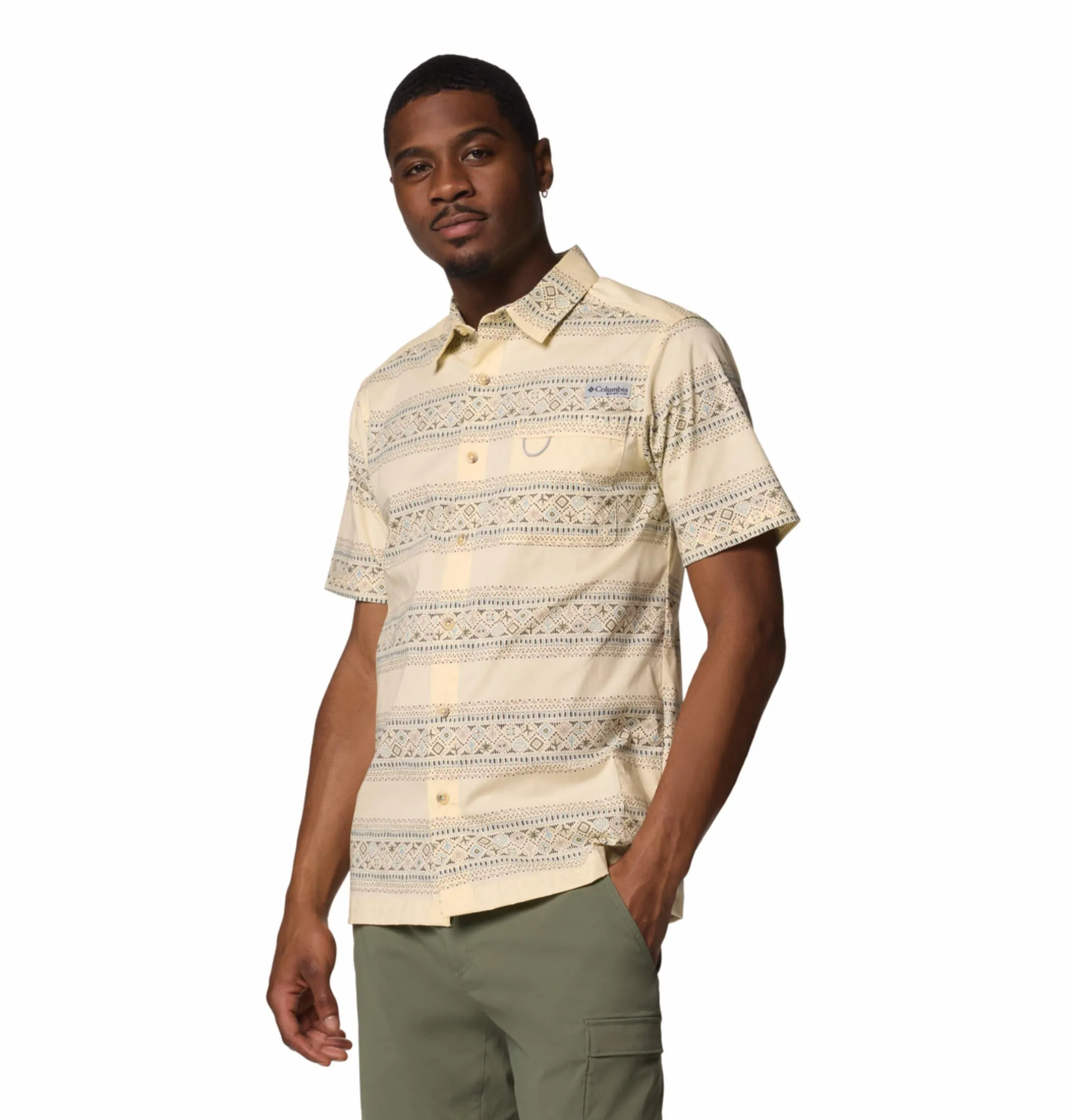 Columbia Men Yellow Wild Cast Camp Short Sleeve Shirt