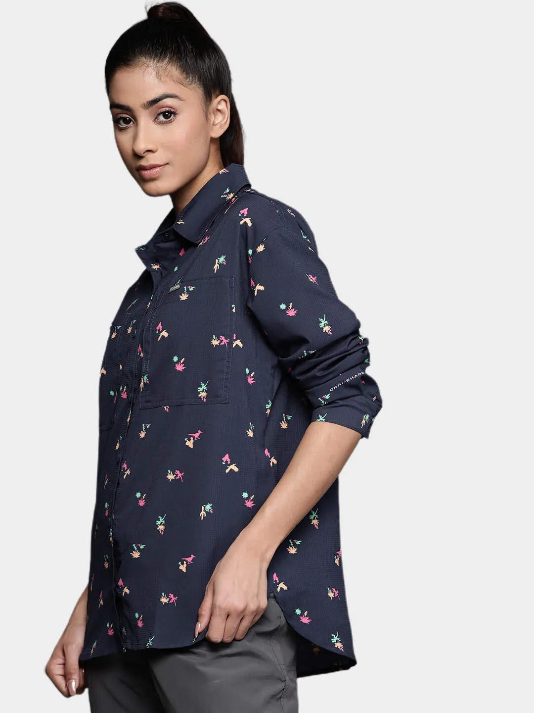 Columbia Women Blue Omni-Shade Silver Ridge Utility Patterned Long Sleeve Shirt