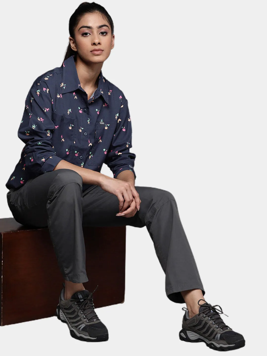 Columbia Women Blue Omni-Shade Silver Ridge Utility Patterned Long Sleeve Shirt