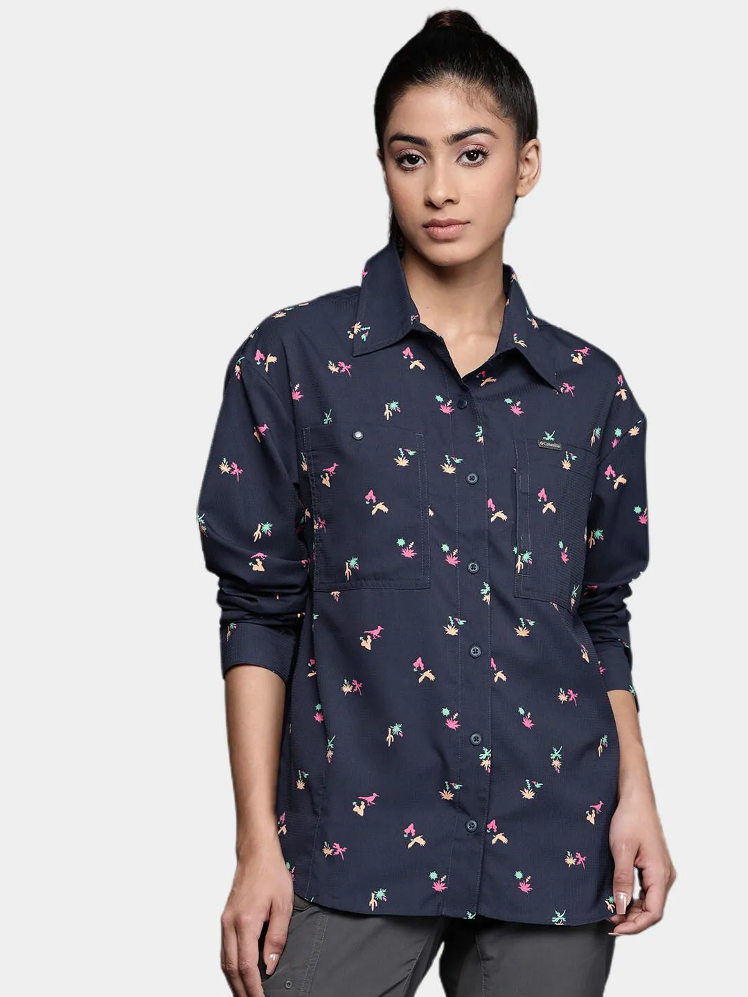 Columbia Women Blue Omni-Shade Silver Ridge Utility Patterned Long Sleeve Shirt