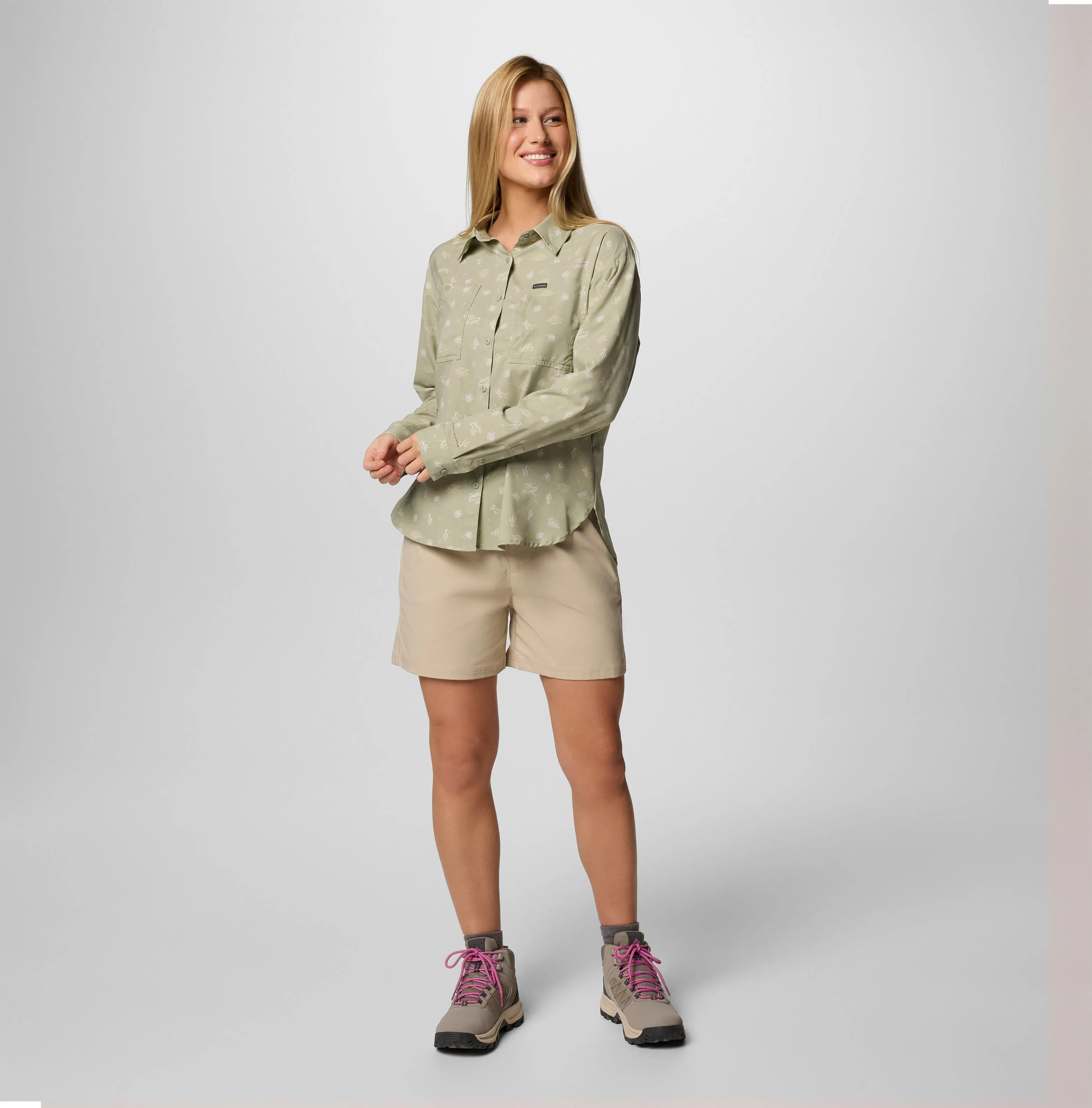 Columbia Women Green Omni-Shade Silver Ridge Utility Patterned Long Sleeve Shirt