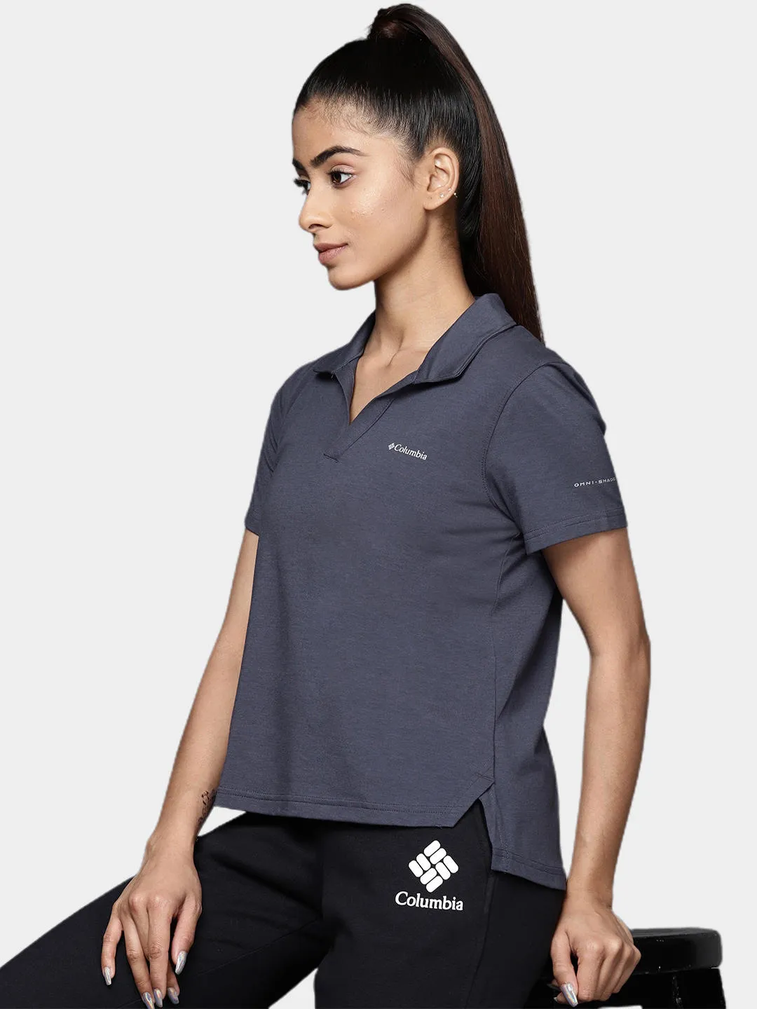 Columbia Women Navy Blue Omni-Wick W Sun Trek Polo Tshirt