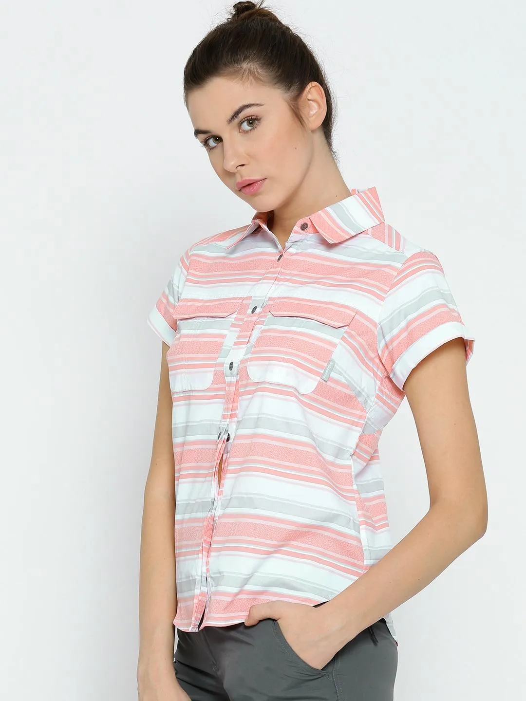 Columbia Women Orange Omni-Wick Pilsner Peak Novelty Short Sleeve Shirt