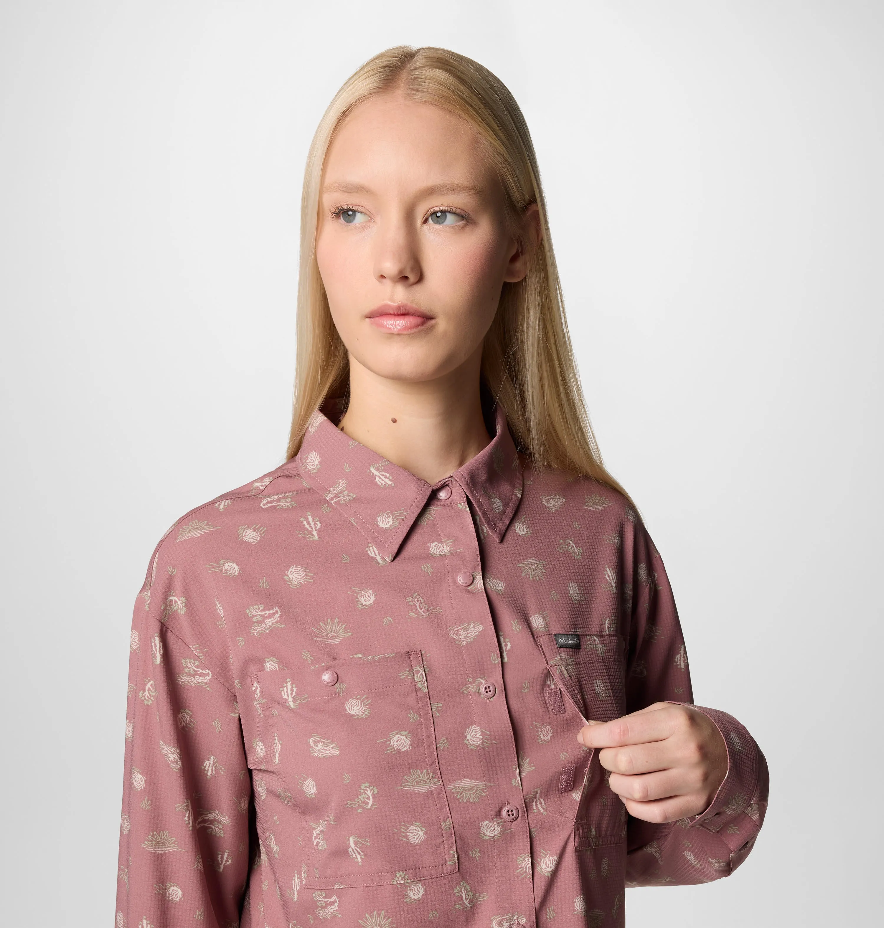 Columbia Women Red Omni-Shade Silver Ridge Utility Patterned Long Sleeve Shirt