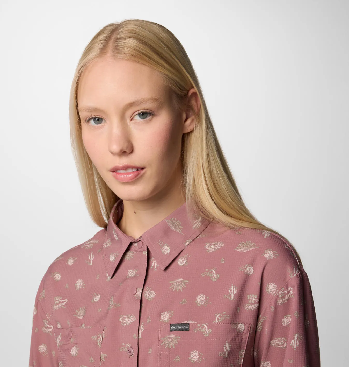 Columbia Women Red Omni-Shade Silver Ridge Utility Patterned Long Sleeve Shirt
