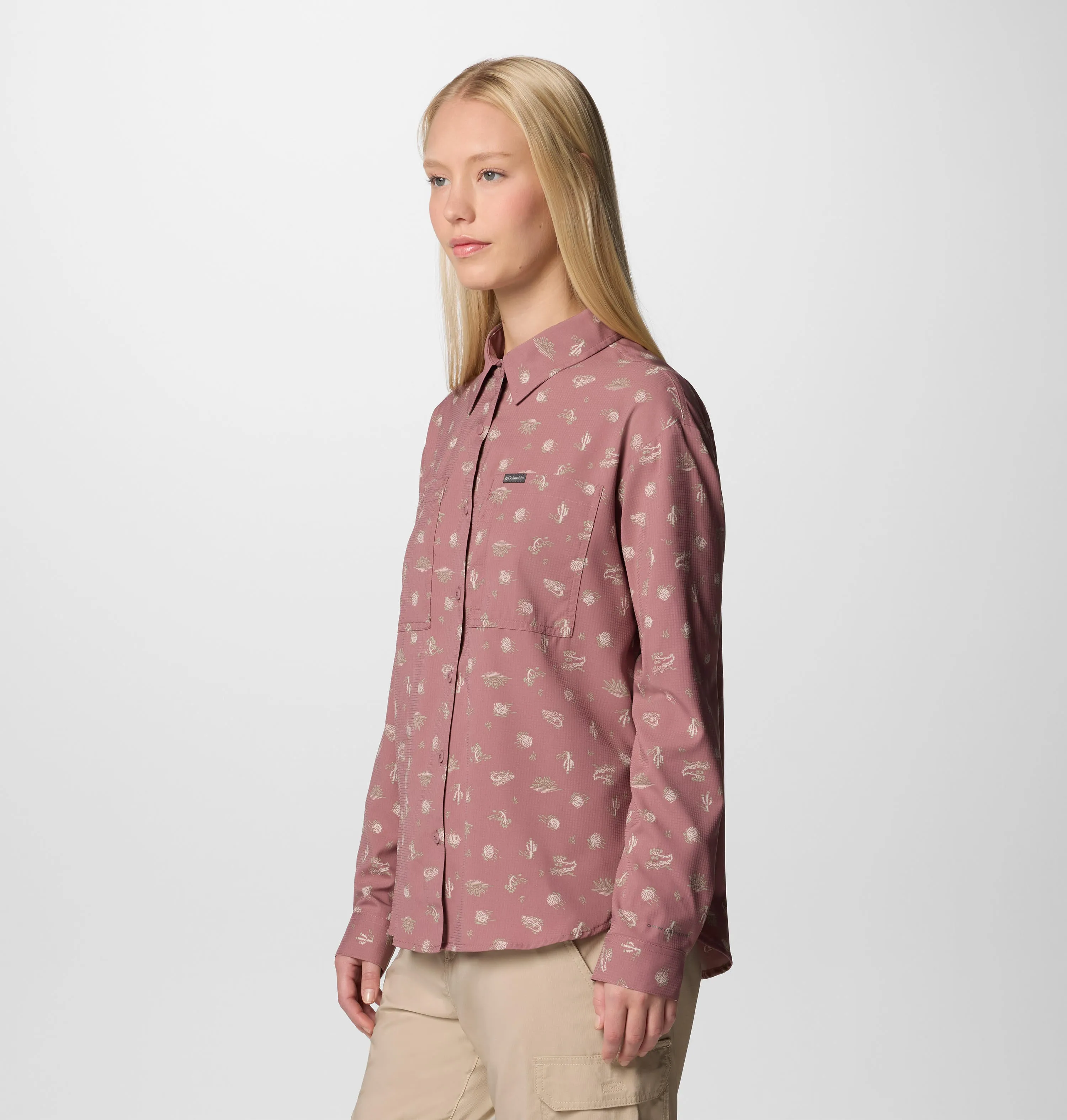 Columbia Women Red Omni-Shade Silver Ridge Utility Patterned Long Sleeve Shirt