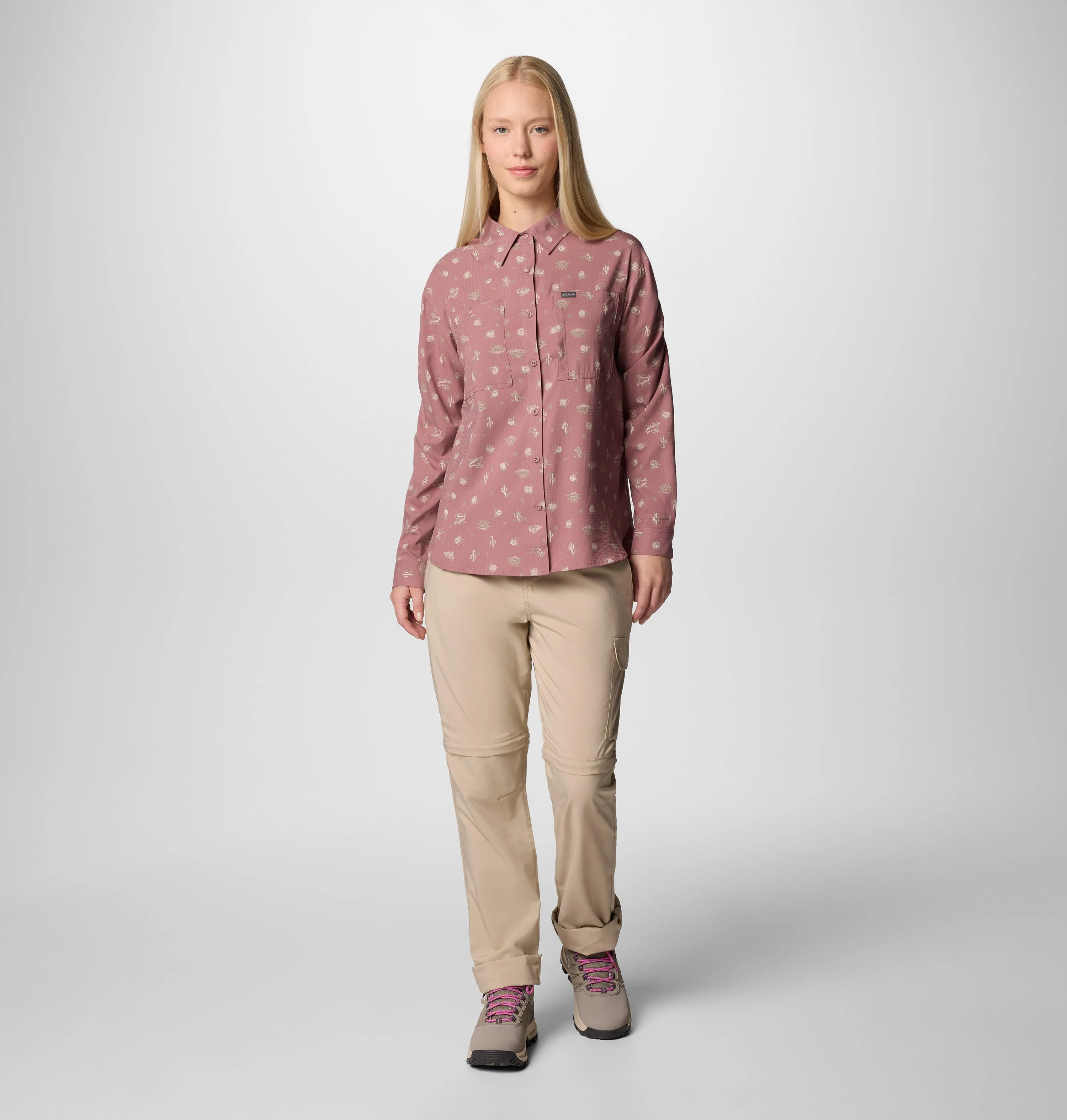 Columbia Women Red Omni-Shade Silver Ridge Utility Patterned Long Sleeve Shirt