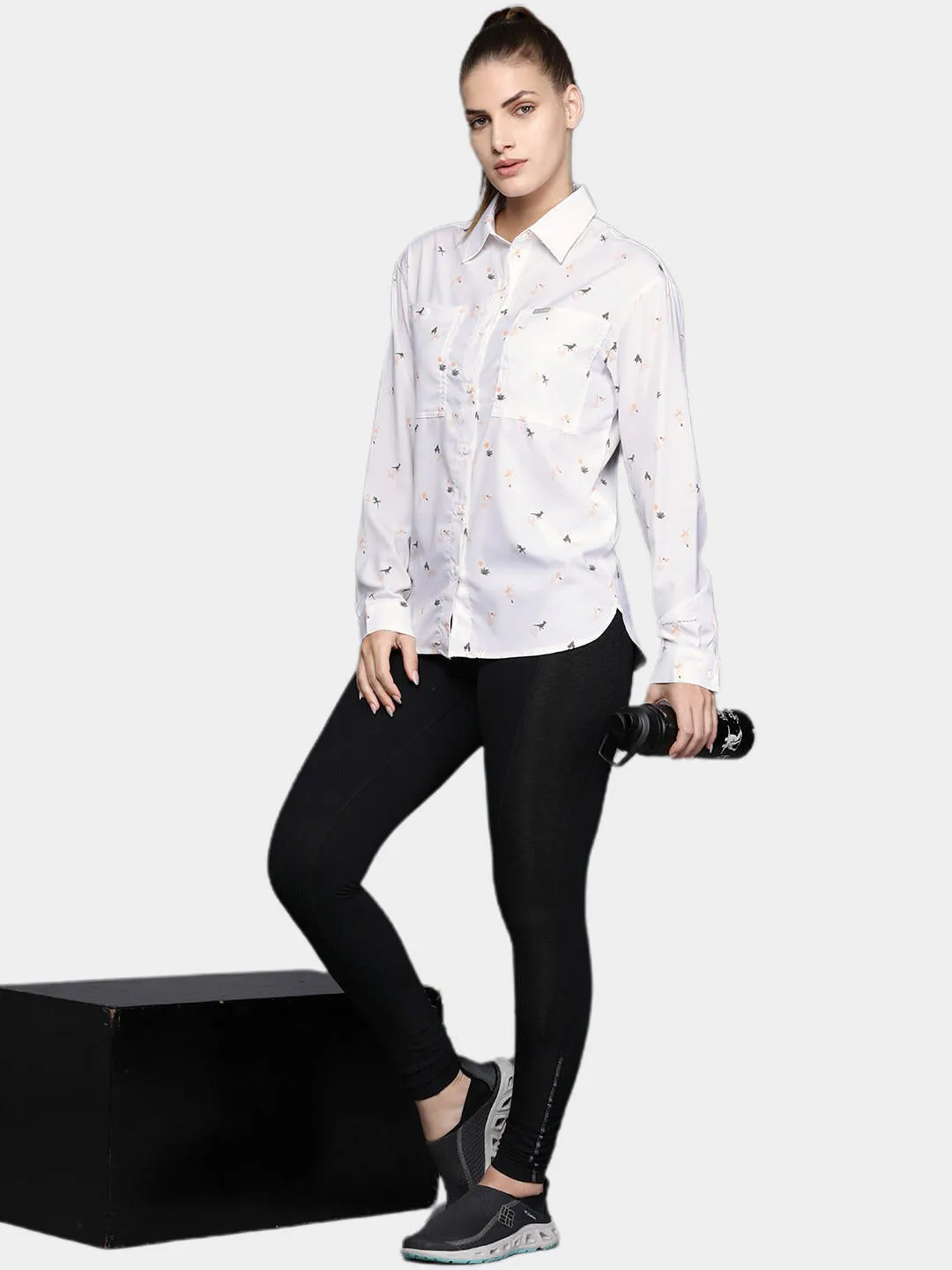 Columbia Women White Omni-Shade Silver Ridge Utility Patterned Long Sleeve Shirt