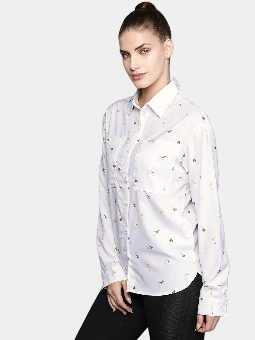Columbia Women White Omni-Shade Silver Ridge Utility Patterned Long Sleeve Shirt