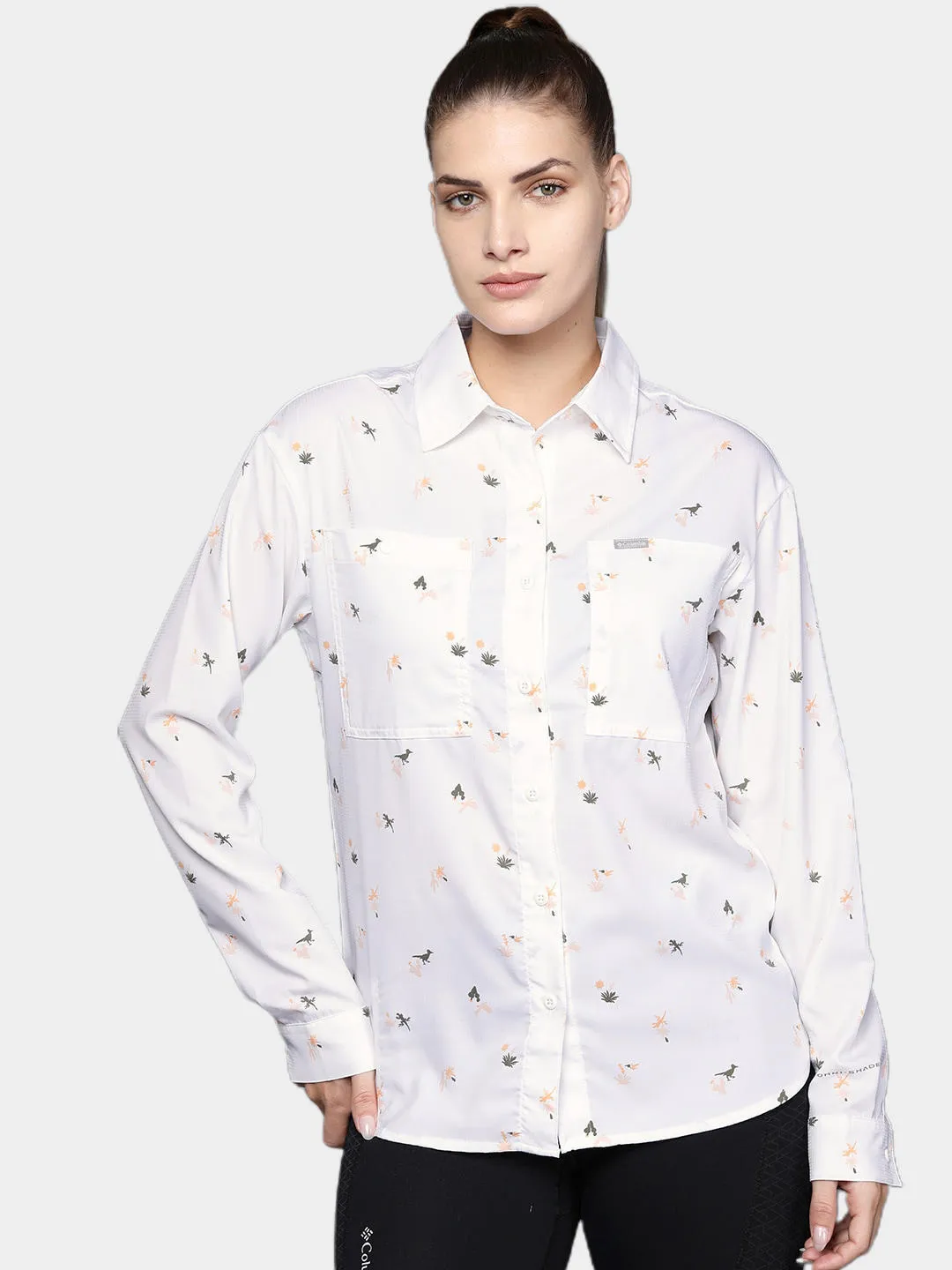 Columbia Women White Omni-Shade Silver Ridge Utility Patterned Long Sleeve Shirt