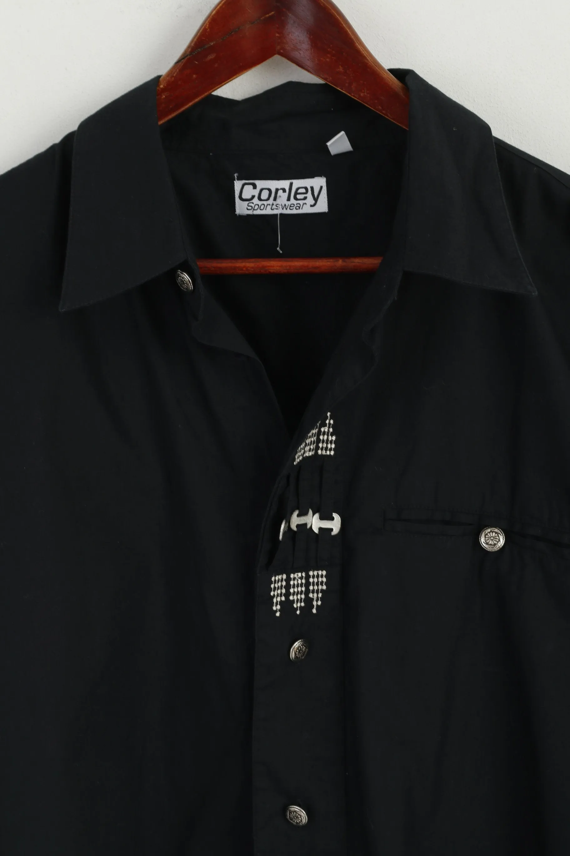 Corley Sportswear Men 45/46 XL Casual Shirt Black Silver Buttons Detailed Long Sleeve