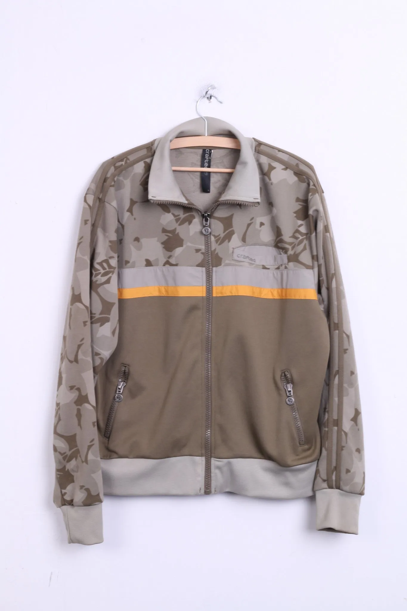 Crafted Men L Sweatshirt Khaki Camuflage Full Zipper Shiny Pockets Casual Top