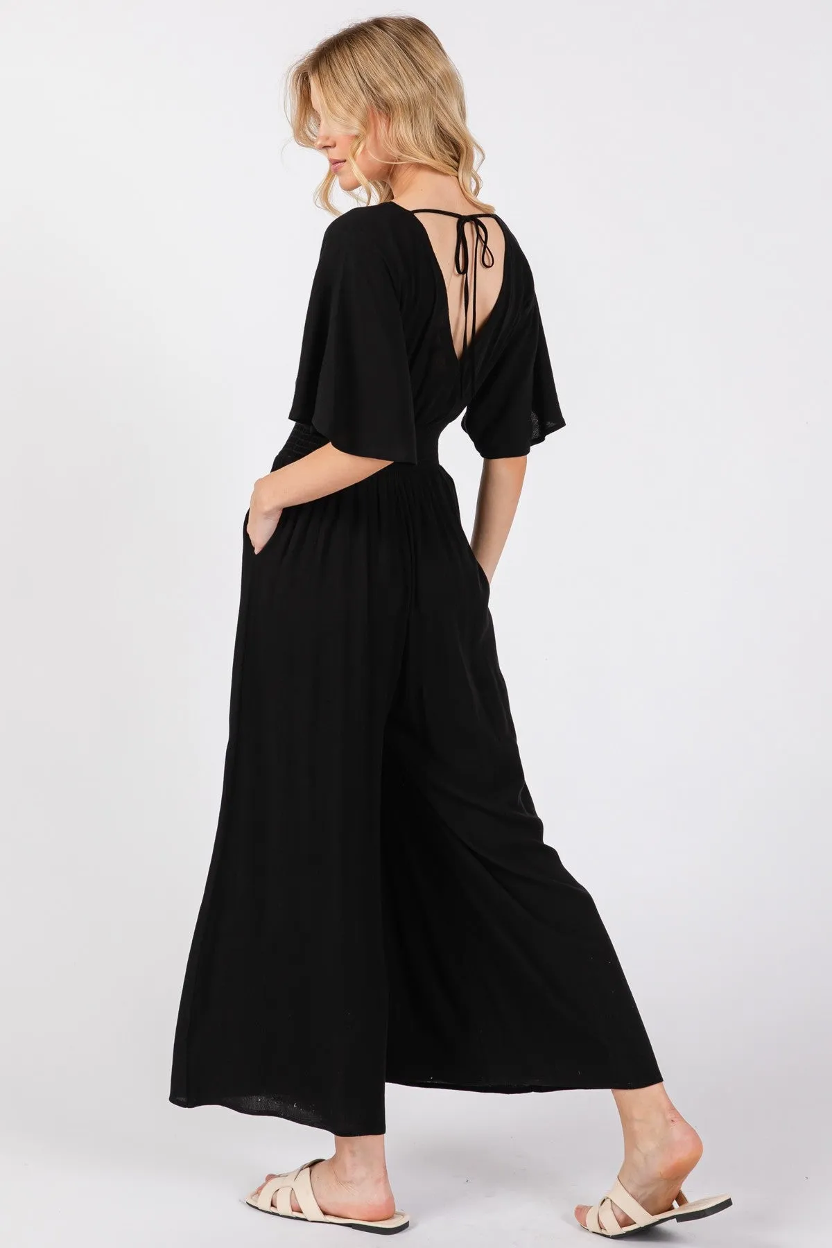 CREPE TIE BACK SHORT SLEEVE JUMPSUIT
