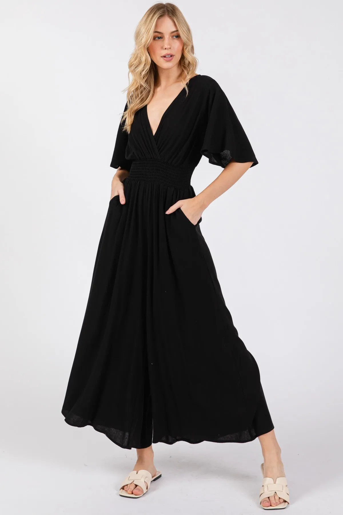 CREPE TIE BACK SHORT SLEEVE JUMPSUIT